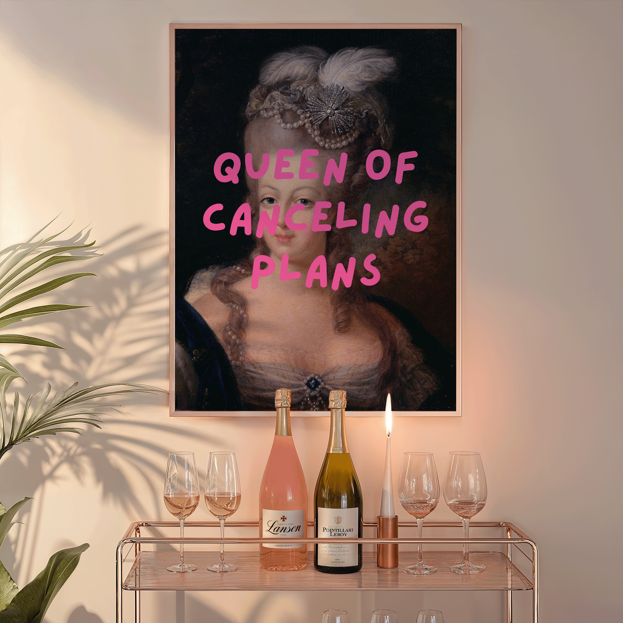 Funny “Queen of Canceling Plans” wall art print with vintage royal portrait and bold pink text, perfect for introvert home decor, marie antoinette