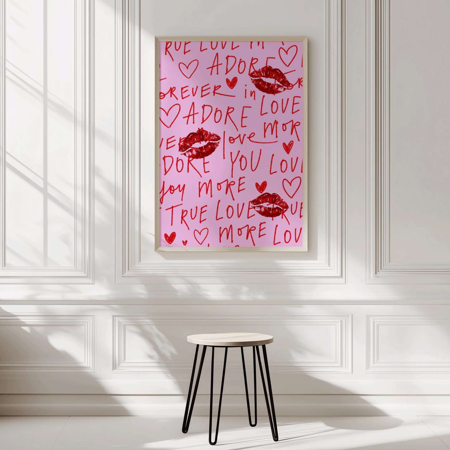 Red lips and love words wall art on pink background – romantic print with kiss marks and handwritten text, graffiti style wall art