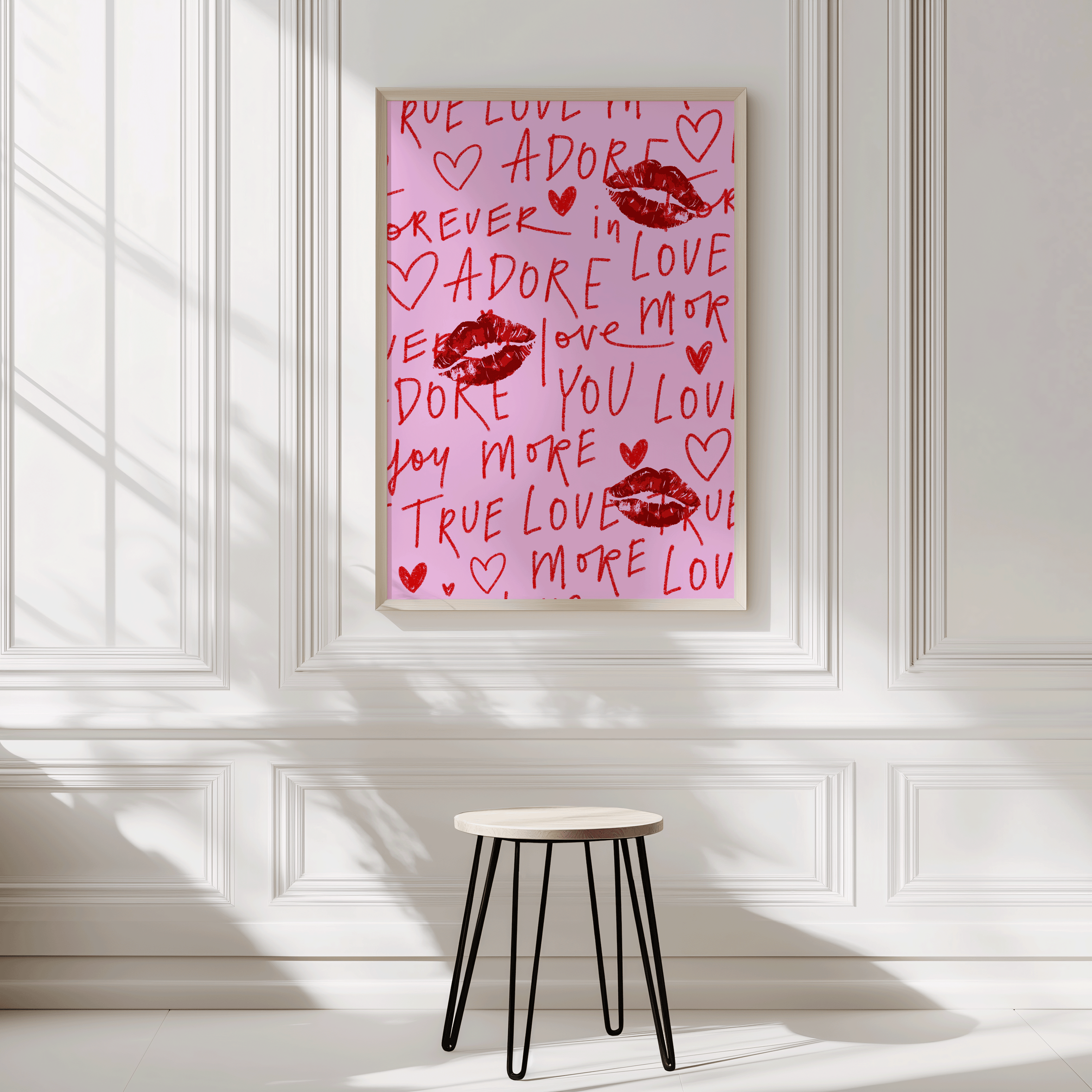 Red lips and love words wall art on pink background – romantic print with kiss marks and handwritten text, graffiti style wall art