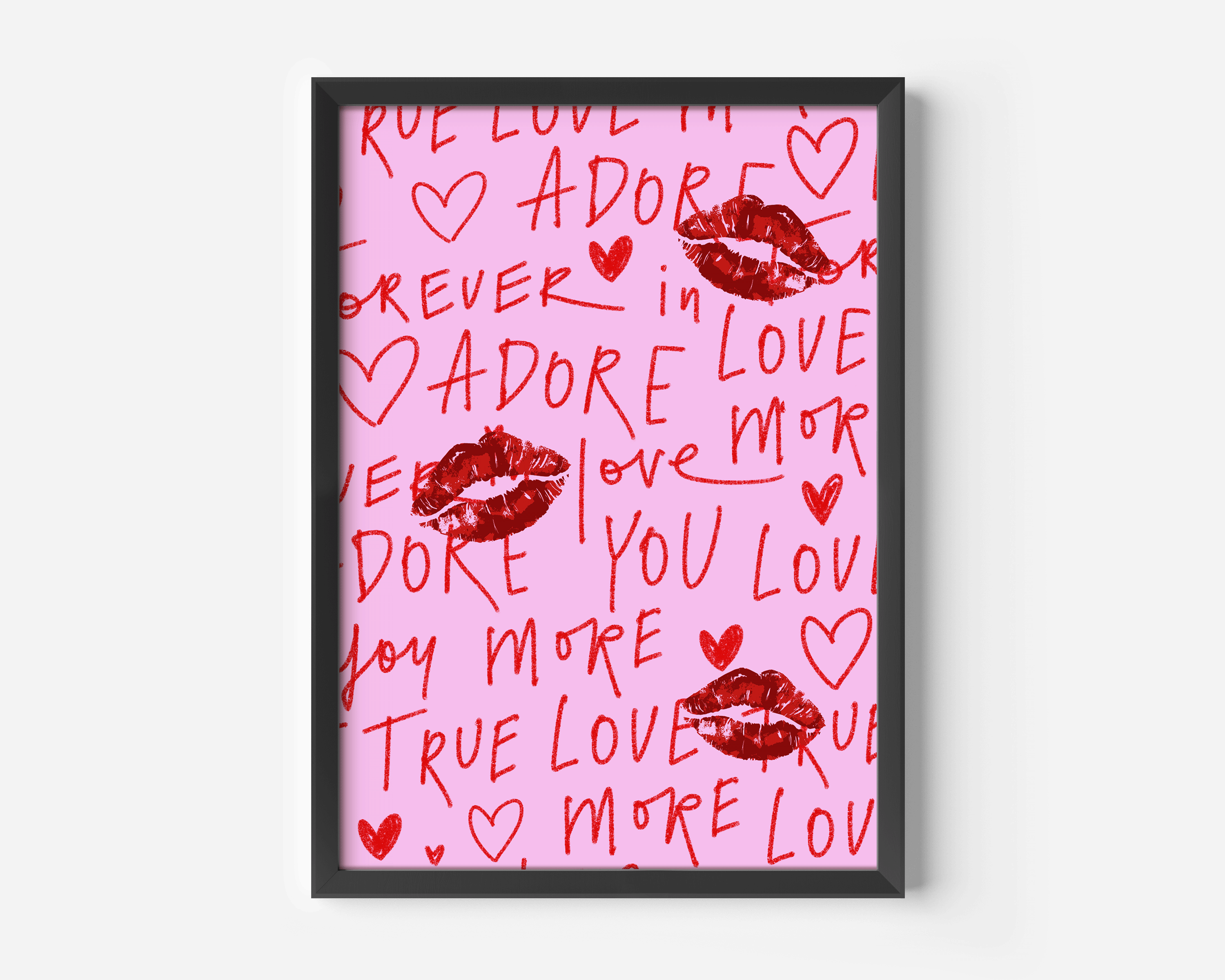 Red lips and love words wall art on pink background – romantic print with kiss marks and handwritten text, graffiti style wall art