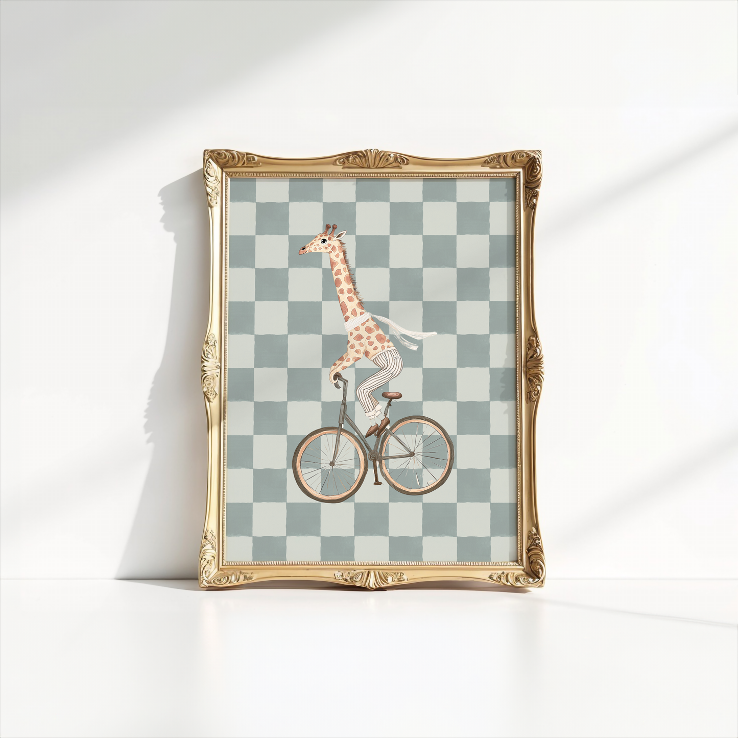 Giraffe Nursery Art | Canvas Art, Art Prints & Framed Canvas, retro boho vintage preppy giraffe sage green checkered plaid background framed canvas wall art, baby boy nursery, kids bedroom, playroom daycare framed wall art prints