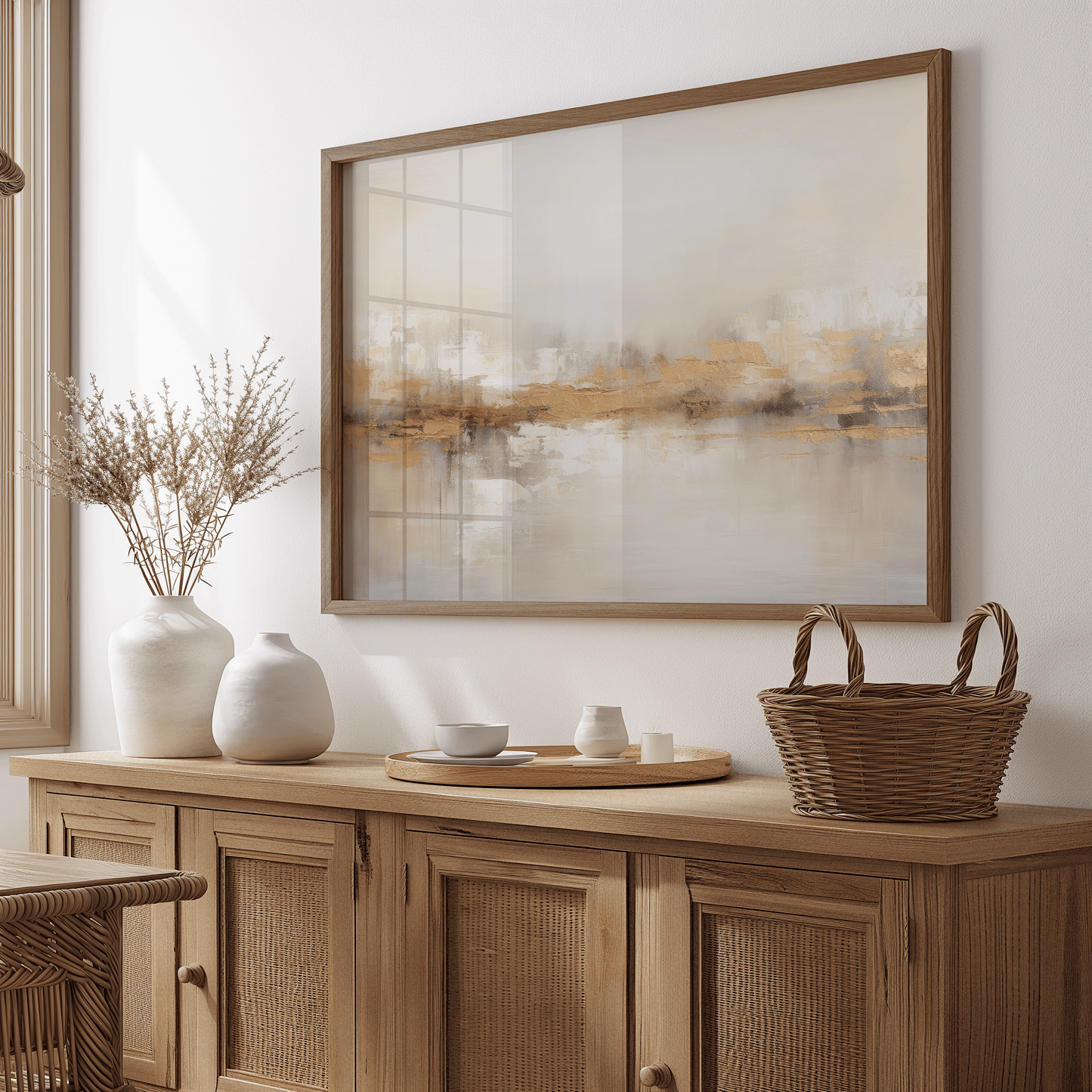Neutral abstract painting with beige, white, taupe, and metallic gold accents — modern textured canvas wall art perfect for elegant home decor.