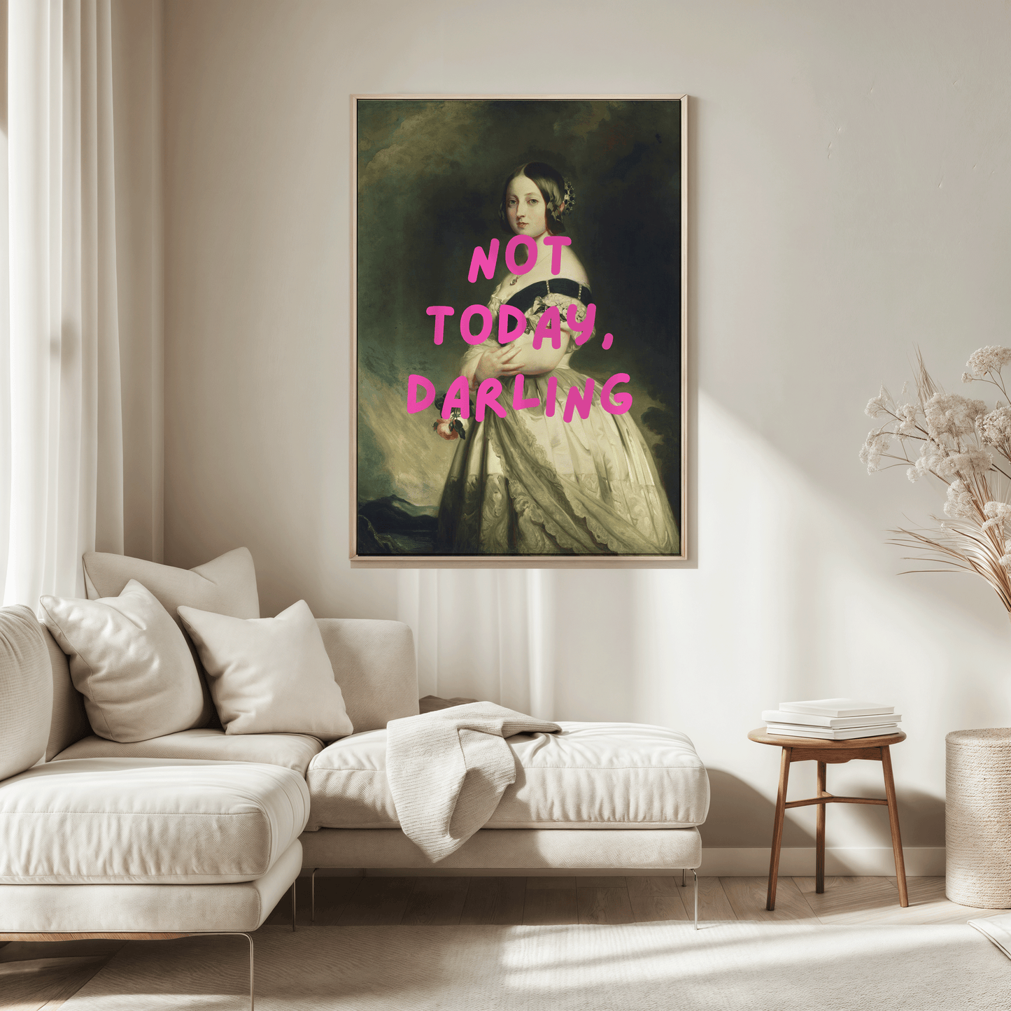 Vintage-style portrait of a woman in an elegant gown with bold pink text reading “Not Today, Darling” — funny wall art print for modern spaces. marie Antoinette altered rococo-inspired renaissance art of a victorian woman. black framed canvas wall art print fon a living room wall above a couch.