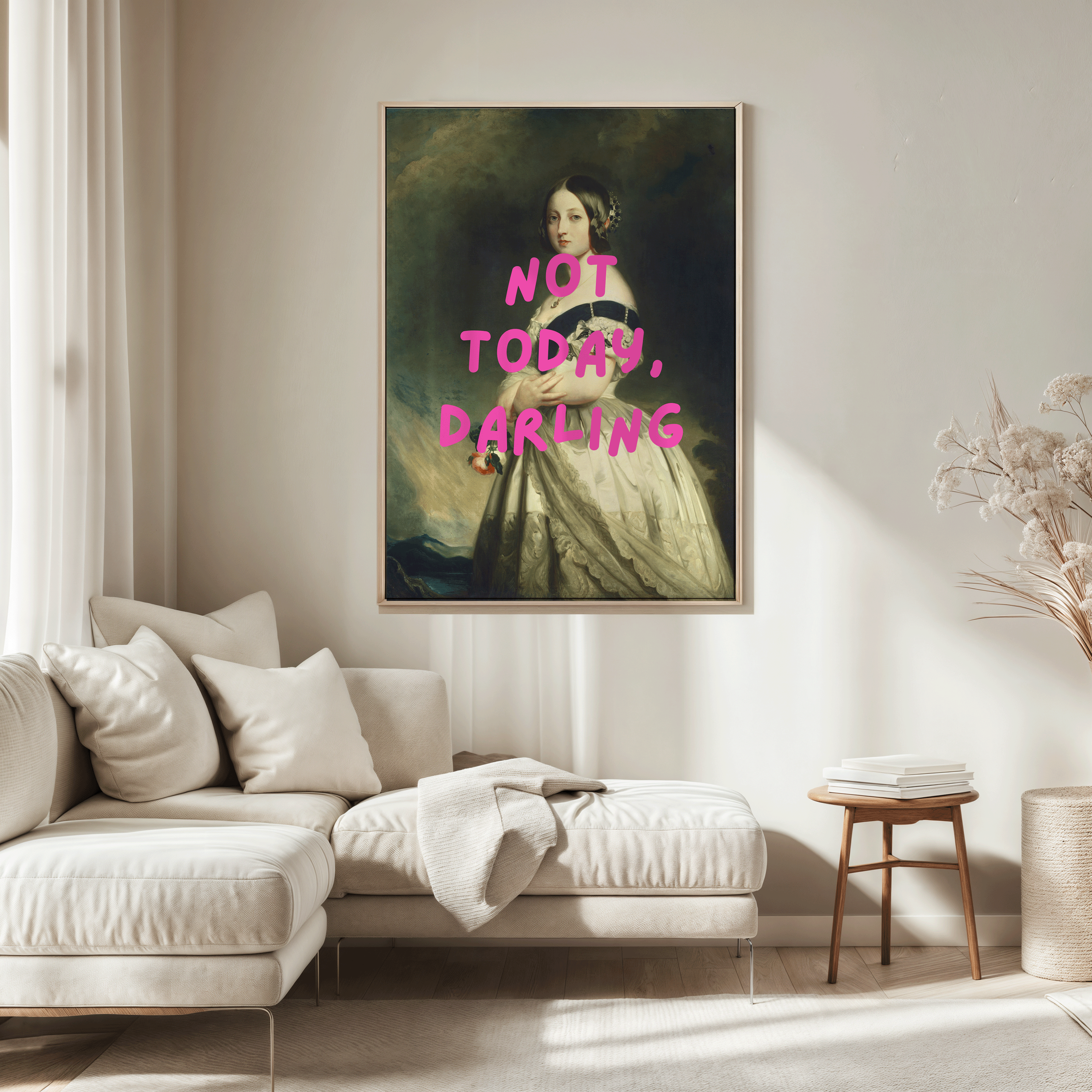 Vintage-style portrait of a woman in an elegant gown with bold pink text reading “Not Today, Darling” — funny wall art print for modern spaces. marie Antoinette altered rococo-inspired renaissance art of a victorian woman. black framed canvas wall art print fon a living room wall above a couch.
