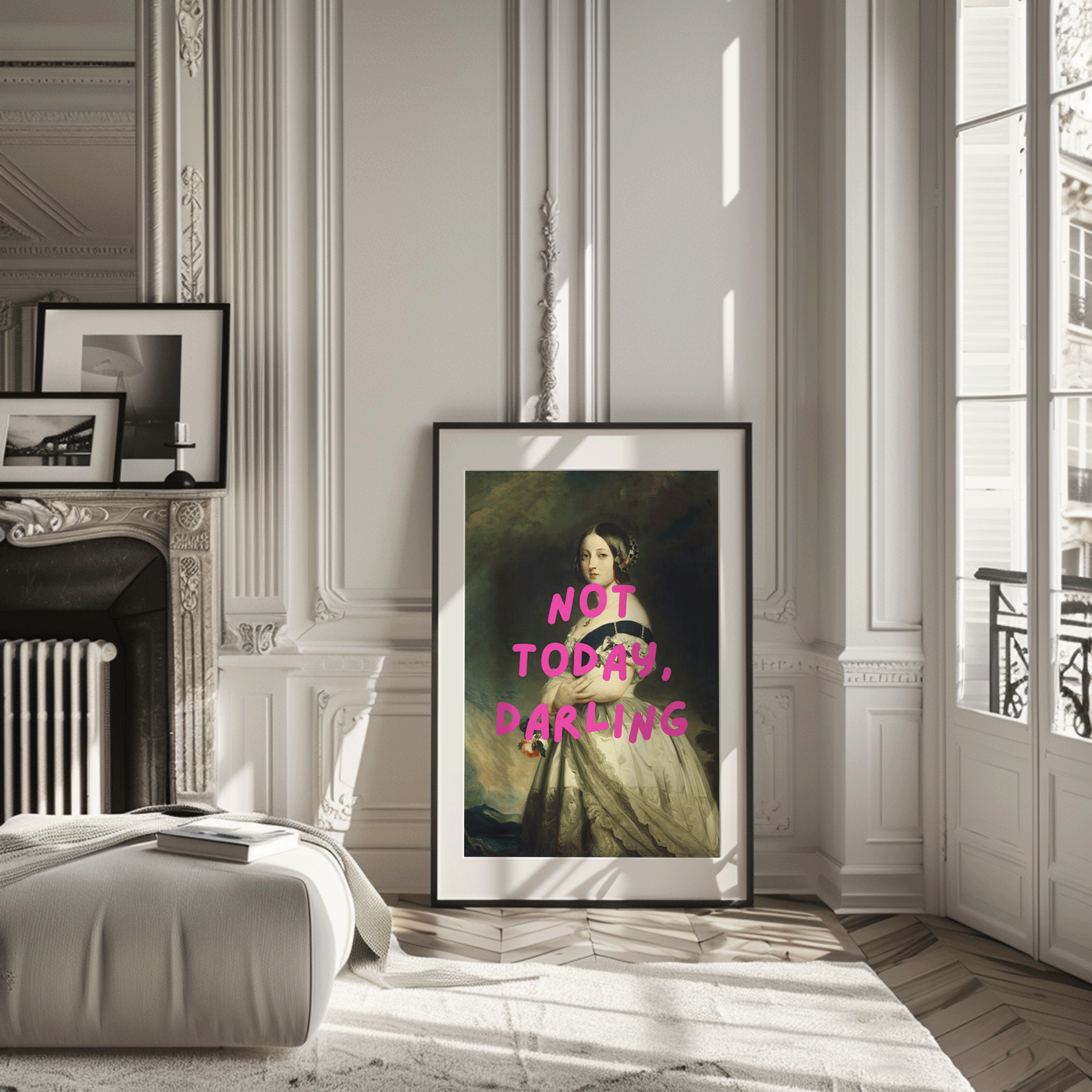 Vintage-style portrait of a woman in an elegant gown with bold pink text reading “Not Today, Darling” — funny wall art print for modern spaces. marie Antoinette altered rococo-inspired renaissance art of a victorian woman. black framed canvas wall art print for home office or bedroom or living room.