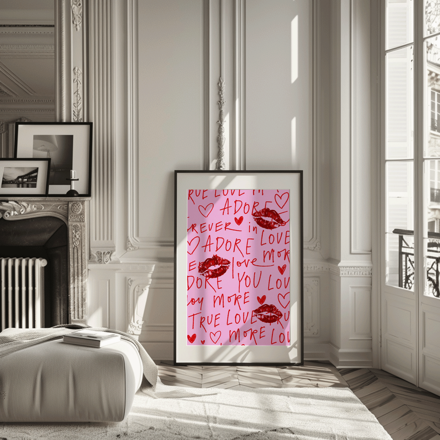Red lips and love words wall art on pink background – romantic print with kiss marks and handwritten text, graffiti style wall art