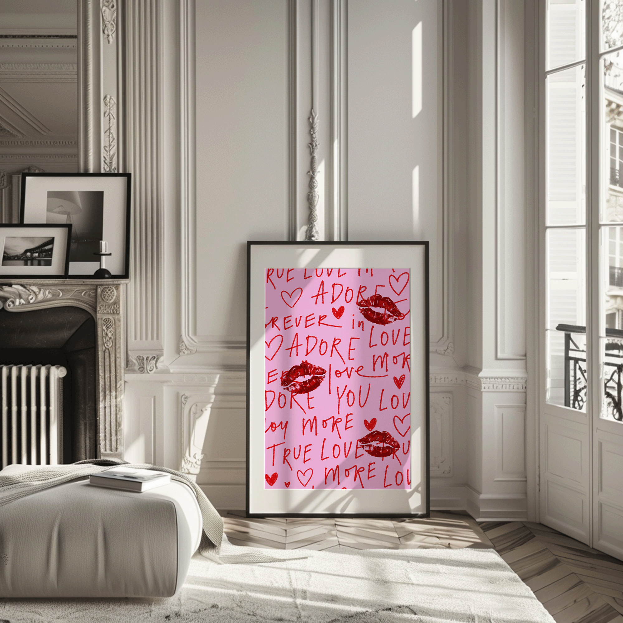 Red lips and love words wall art on pink background – romantic print with kiss marks and handwritten text, graffiti style wall art