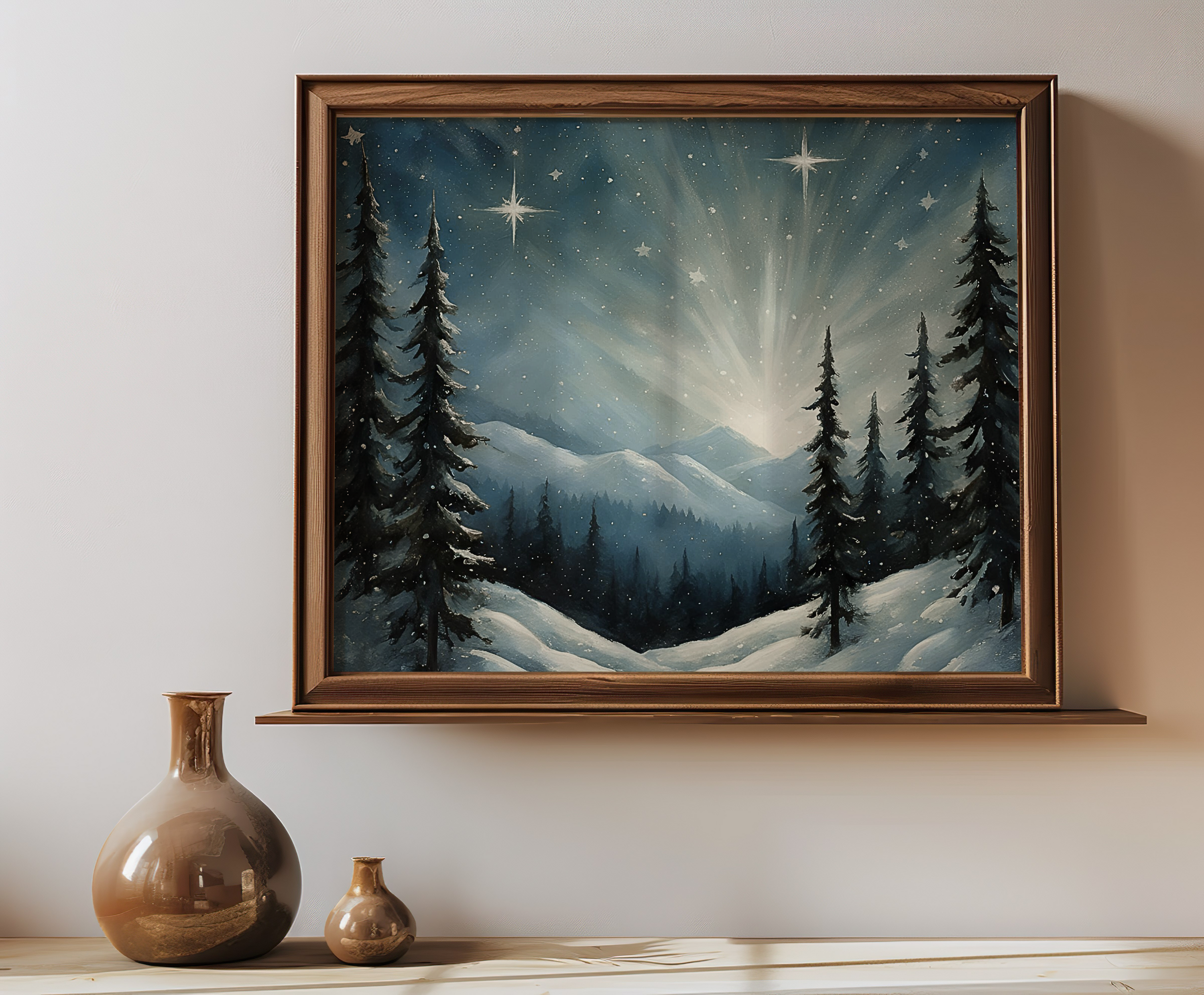 Tranquil snowy landscape wall art with tall pine trees and radiant stars, seasonal Christian-inspired wall art decor