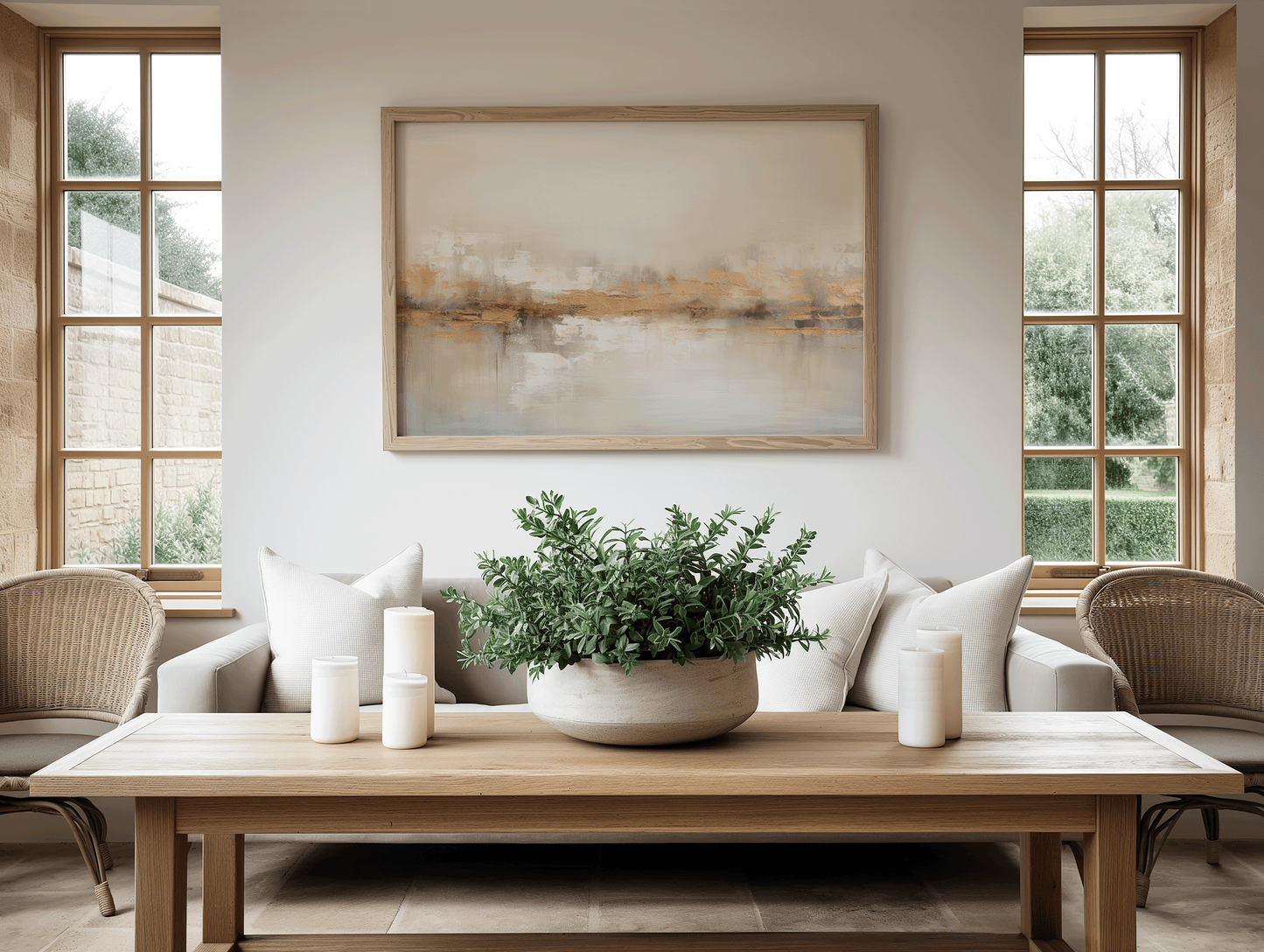 Neutral abstract painting with beige, white, taupe, and metallic gold accents — modern textured canvas wall art perfect for elegant home decor.