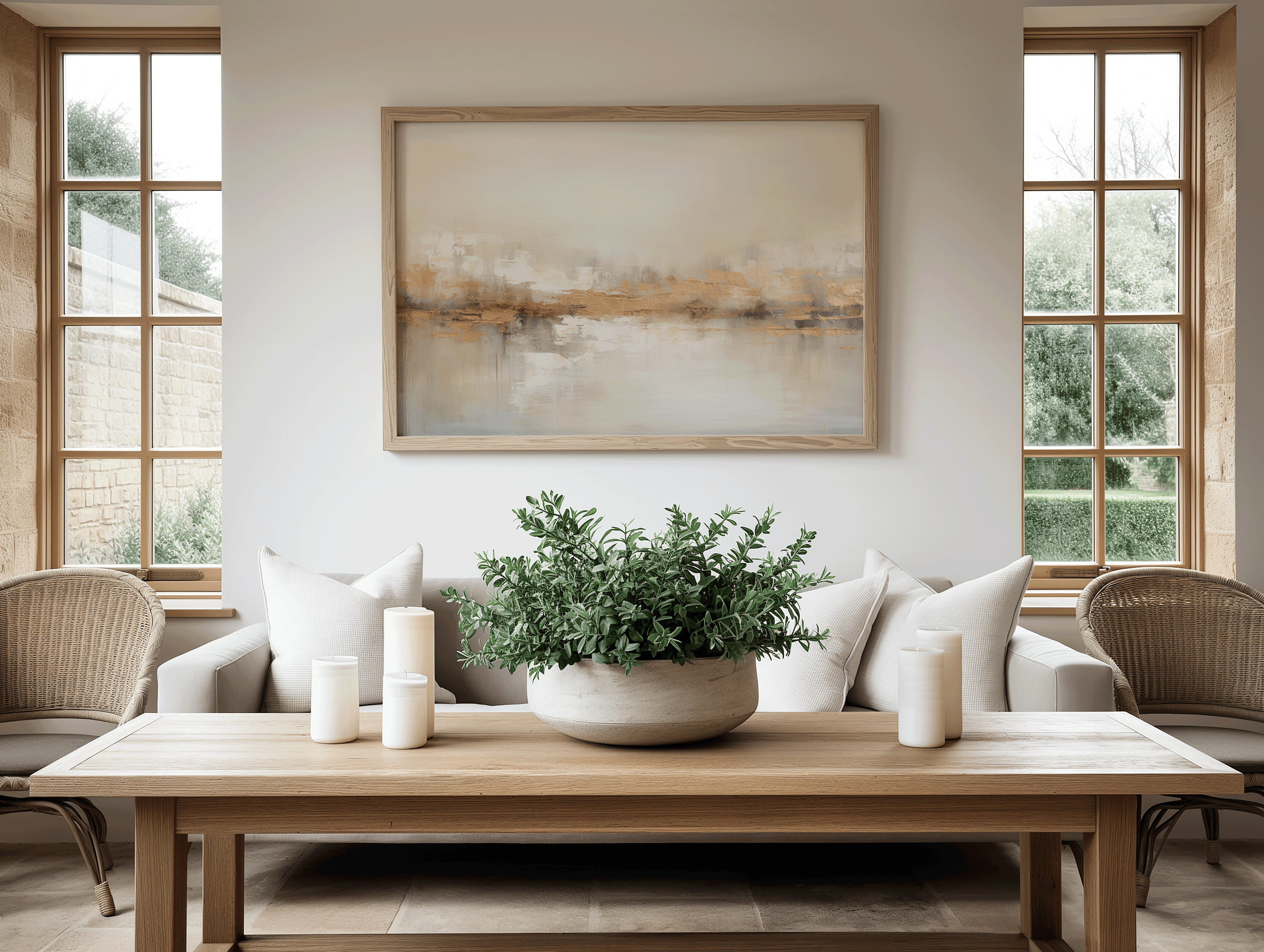 Neutral abstract painting with beige, white, taupe, and metallic gold accents — modern textured canvas wall art perfect for elegant home decor.
