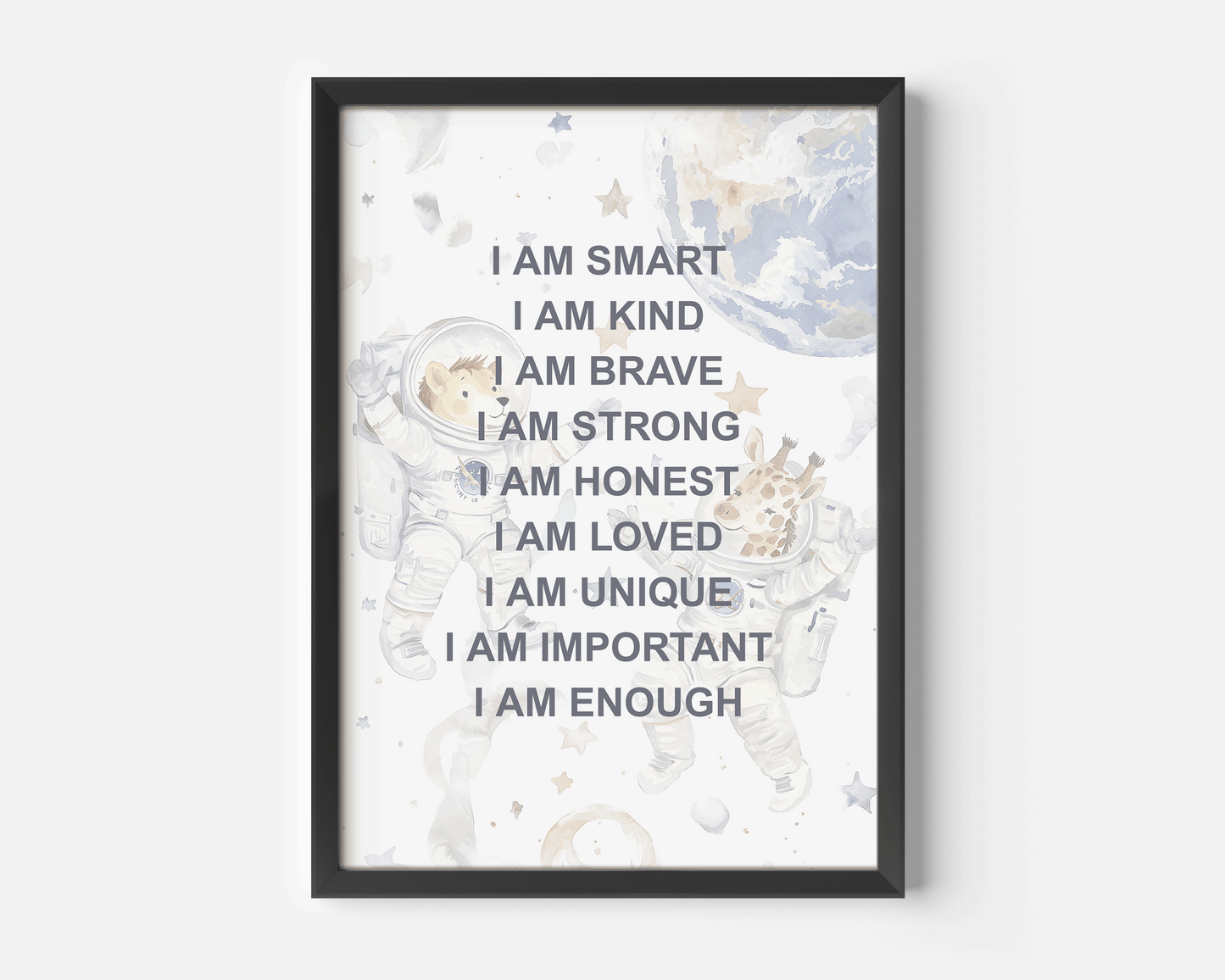 Positive Affirmations for Kids Wall Art With Astronauts | Canvas Art, Art Prints & Framed Canvas, Positive Affirmations Kids Wall Art, Astronaut Inspirational Art For Boys Kids, I am Kind Loved Brave, Nursery Art Print, affirmation wall art
affirmations for kid
i am kind loved
i am brave enough
kids inspirational
nursery wall art
boho nursery decor
positive affirmation
neutral nursery
daycare bedroom art
outer space astronaut watercolor illustration
boy kid bedroom art
montessori wall art