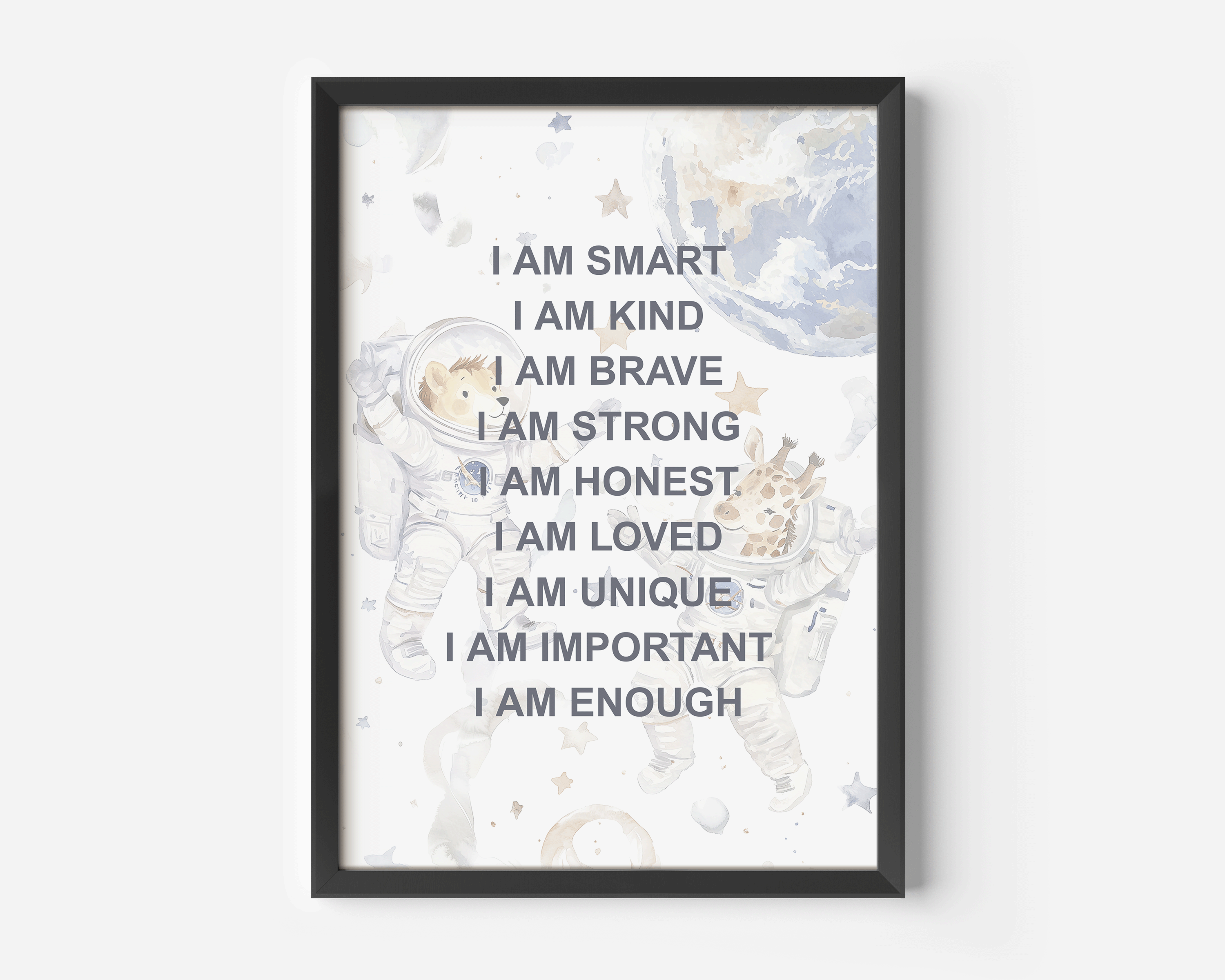 Positive Affirmations for Kids Wall Art With Astronauts | Canvas Art, Art Prints & Framed Canvas, Positive Affirmations Kids Wall Art, Astronaut Inspirational Art For Boys Kids, I am Kind Loved Brave, Nursery Art Print, affirmation wall art
affirmations for kid
i am kind loved
i am brave enough
kids inspirational
nursery wall art
boho nursery decor
positive affirmation
neutral nursery
daycare bedroom art
outer space astronaut watercolor illustration
boy kid bedroom art
montessori wall art