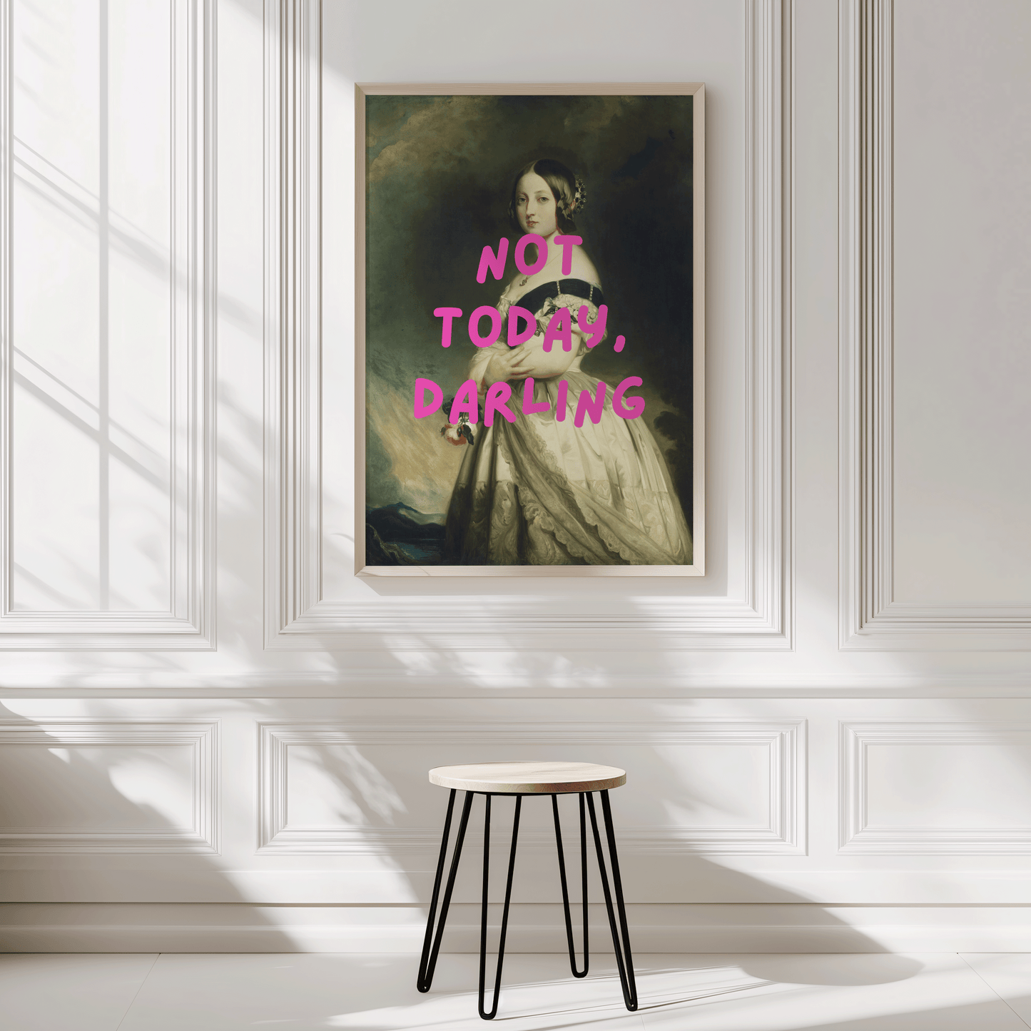 Vintage-style portrait of a woman in an elegant gown with bold pink text reading “Not Today, Darling” — funny wall art print for modern spaces. marie Antoinette altered rococo-inspired renaissance art of a victorian woman. black framed canvas wall art print on a blank white modern wall.