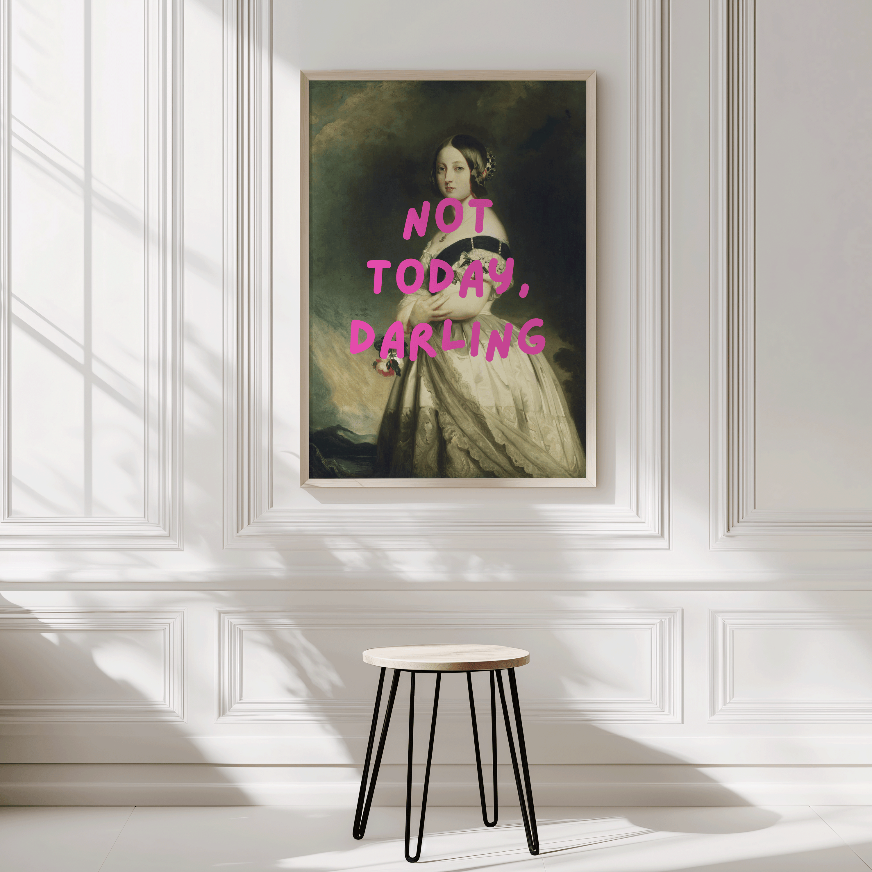 Vintage-style portrait of a woman in an elegant gown with bold pink text reading “Not Today, Darling” — funny wall art print for modern spaces. marie Antoinette altered rococo-inspired renaissance art of a victorian woman. black framed canvas wall art print on a blank white modern wall.