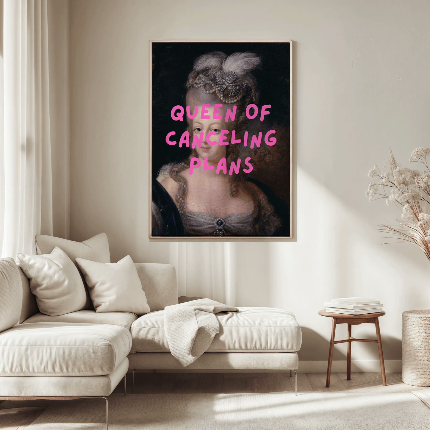 Funny “Queen of Canceling Plans” wall art print with vintage royal portrait and bold pink text, perfect for introvert home decor, marie antoinette