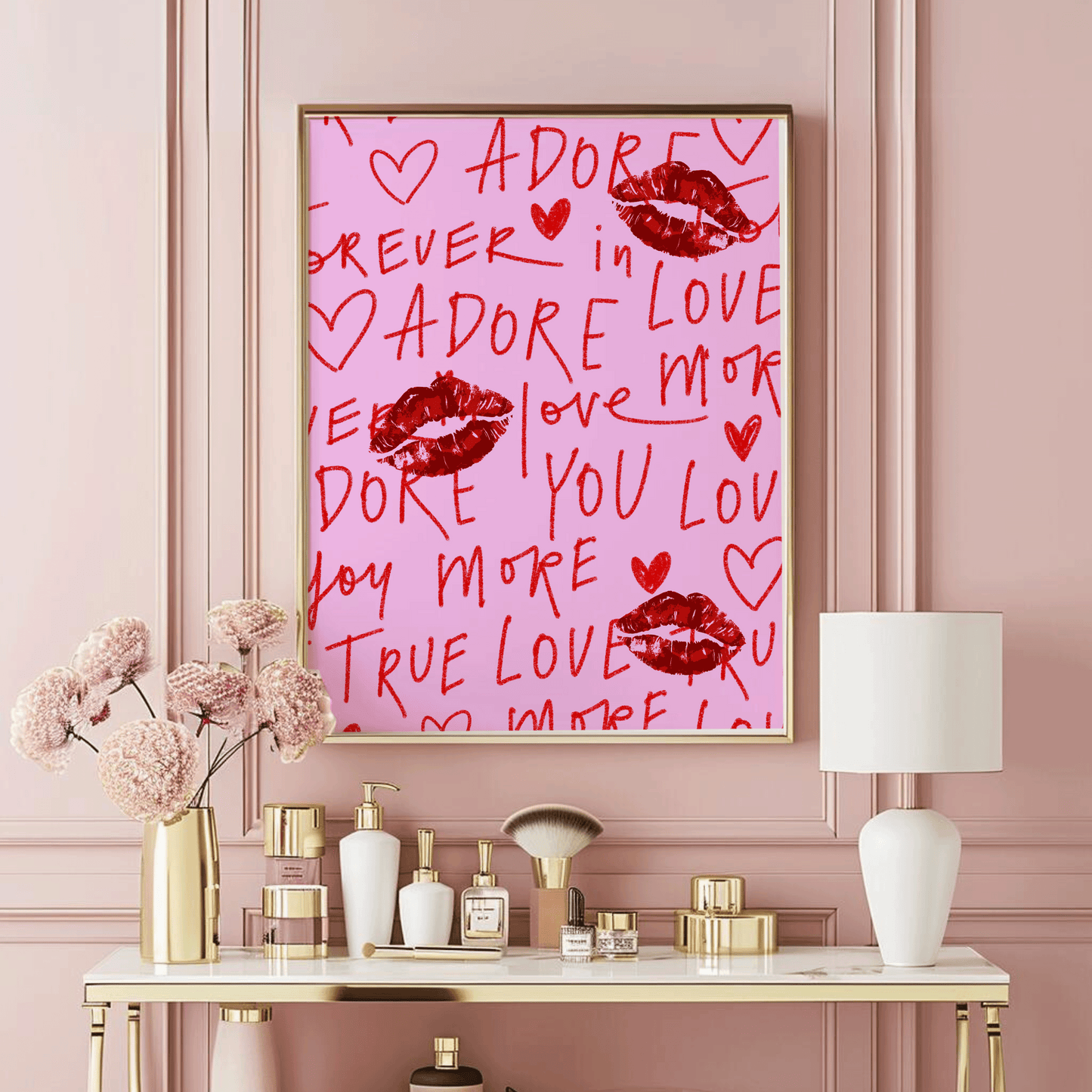 Red lips and love words wall art on pink background – romantic print with kiss marks and handwritten text, graffiti style wall art