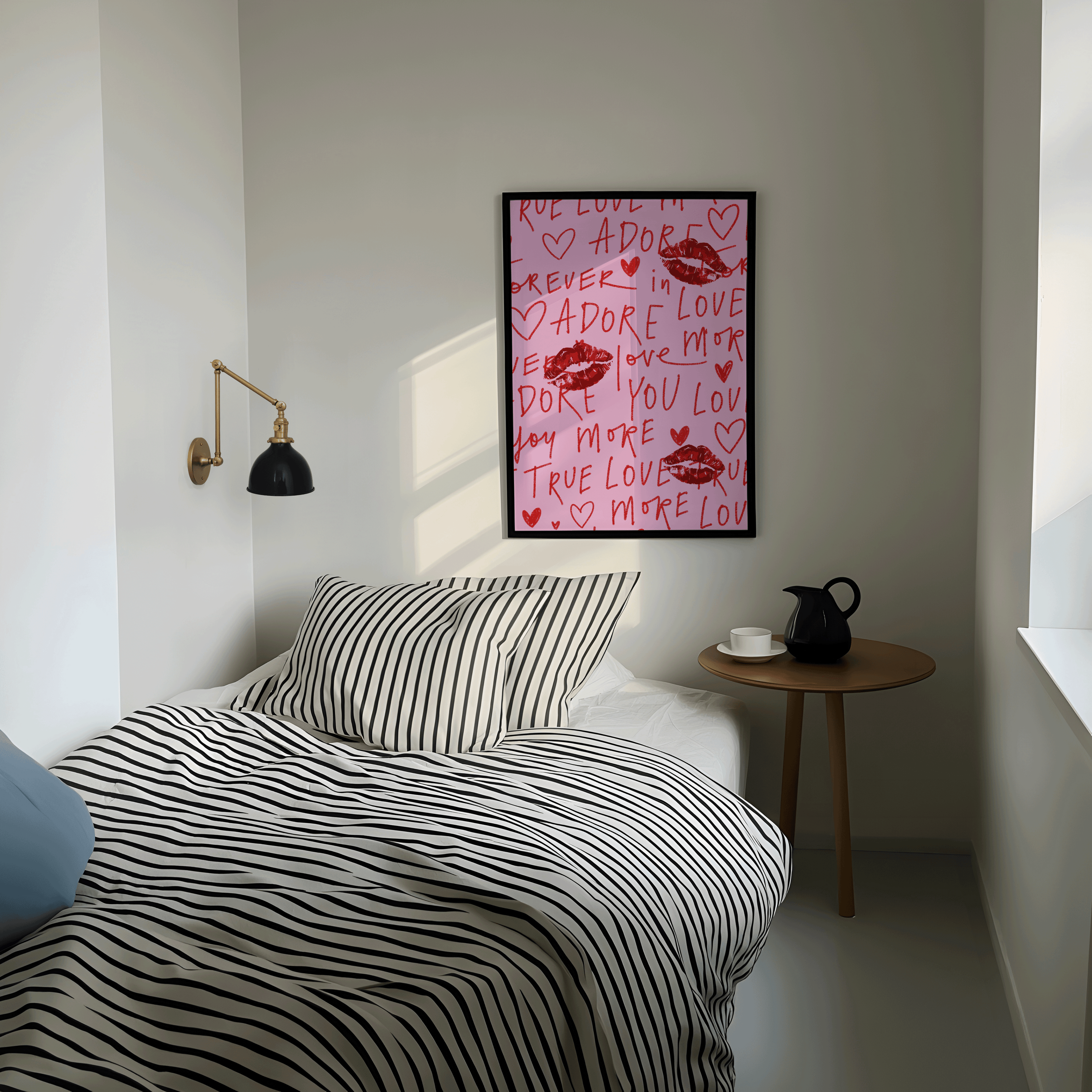 Red lips and love words wall art on pink background – romantic print with kiss marks and handwritten text, graffiti style wall art