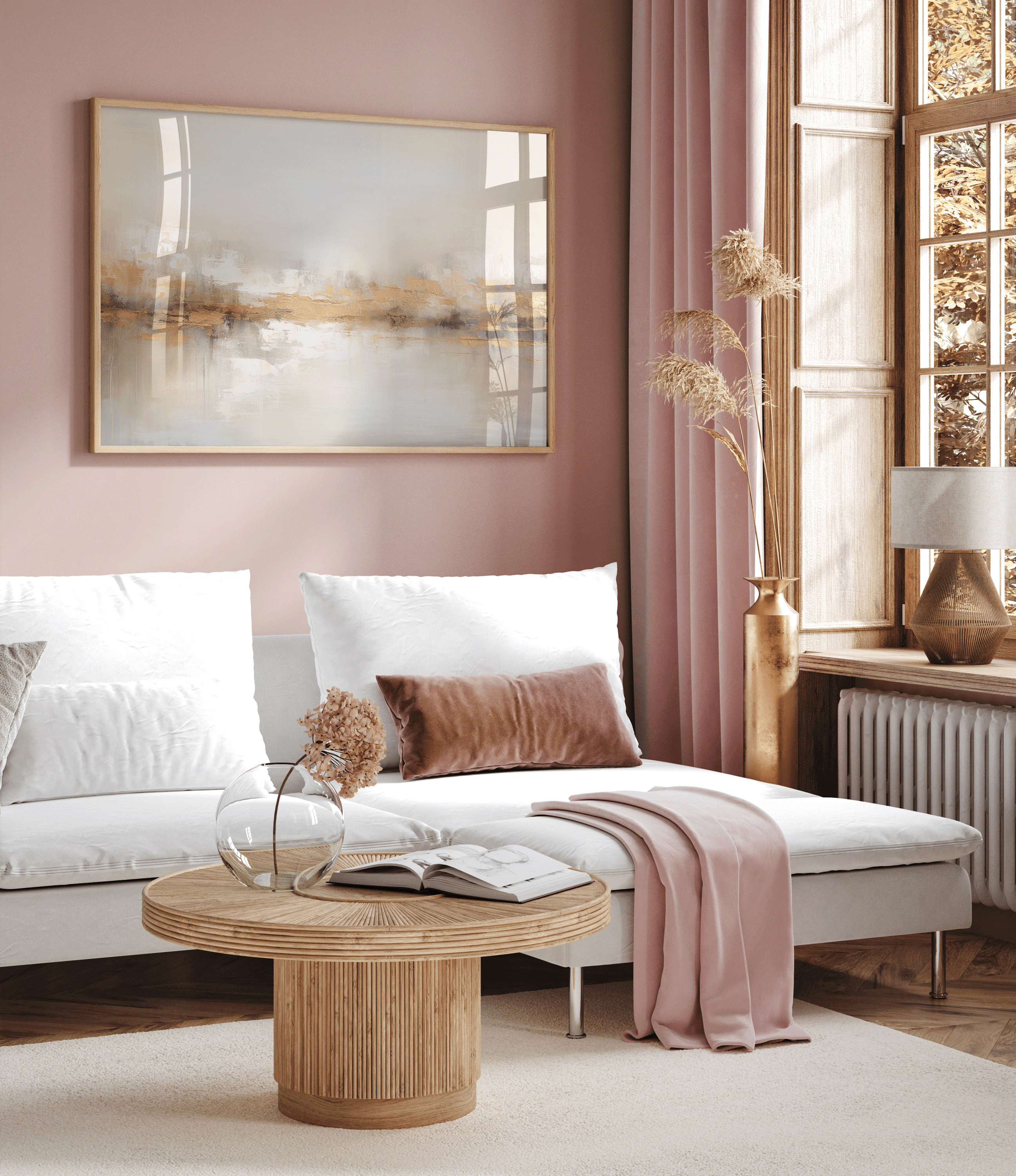 Neutral abstract painting with beige, white, taupe, and metallic gold accents — modern textured canvas wall art perfect for elegant home decor. in a feminine pink room over a white couch.