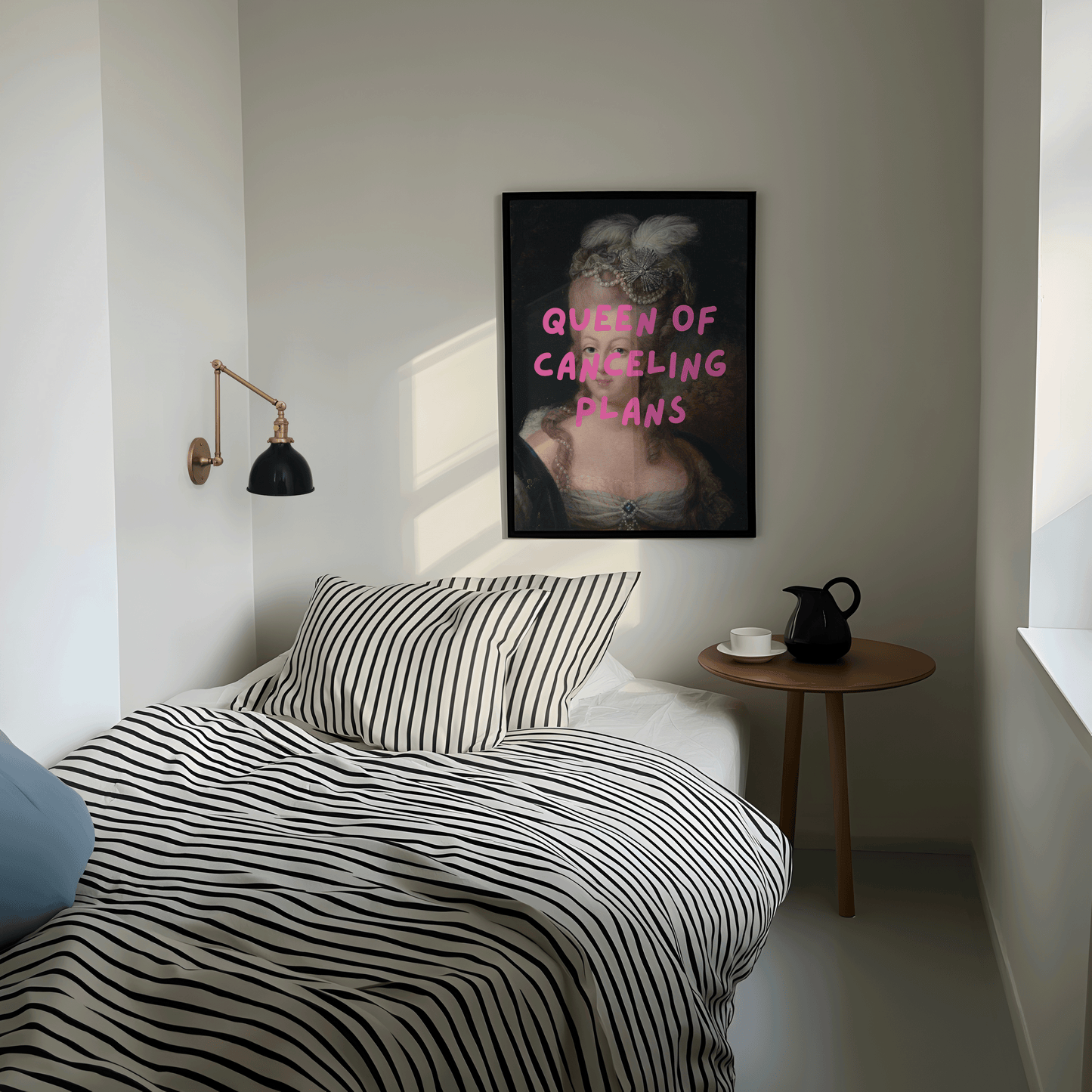 Funny “Queen of Canceling Plans” wall art print with vintage royal portrait and bold pink text, perfect for introvert home decor, marie antoinette