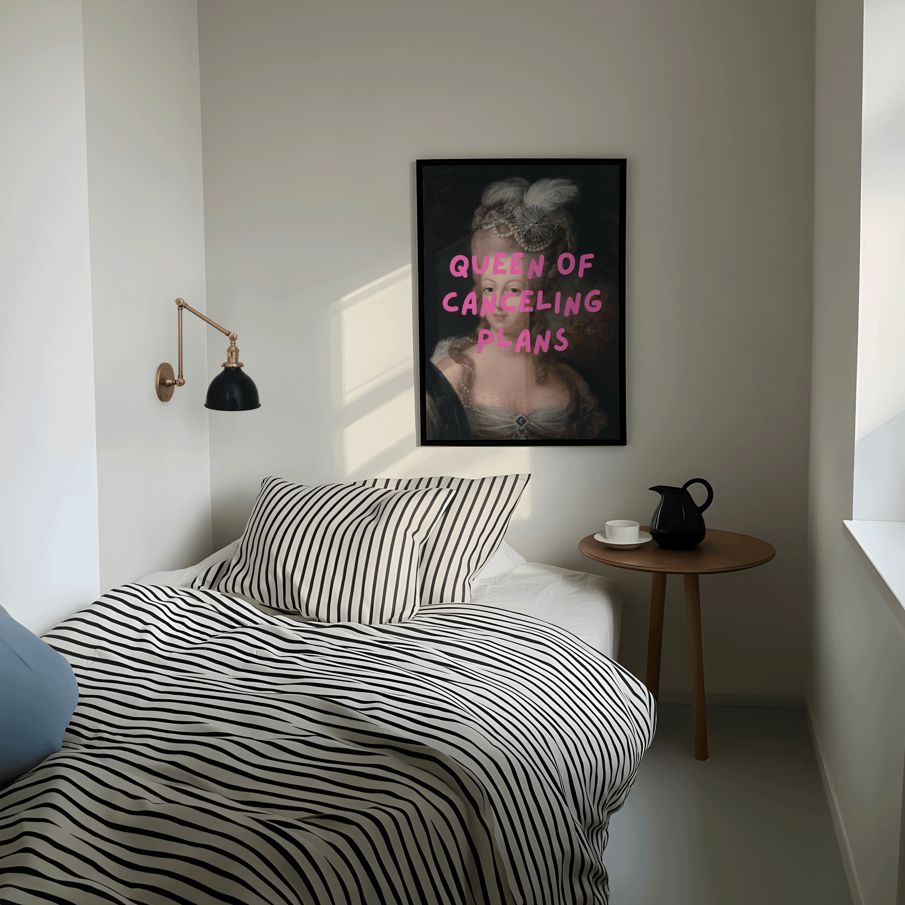 Funny “Queen of Canceling Plans” wall art print with vintage royal portrait and bold pink text, perfect for introvert home decor, marie antoinette