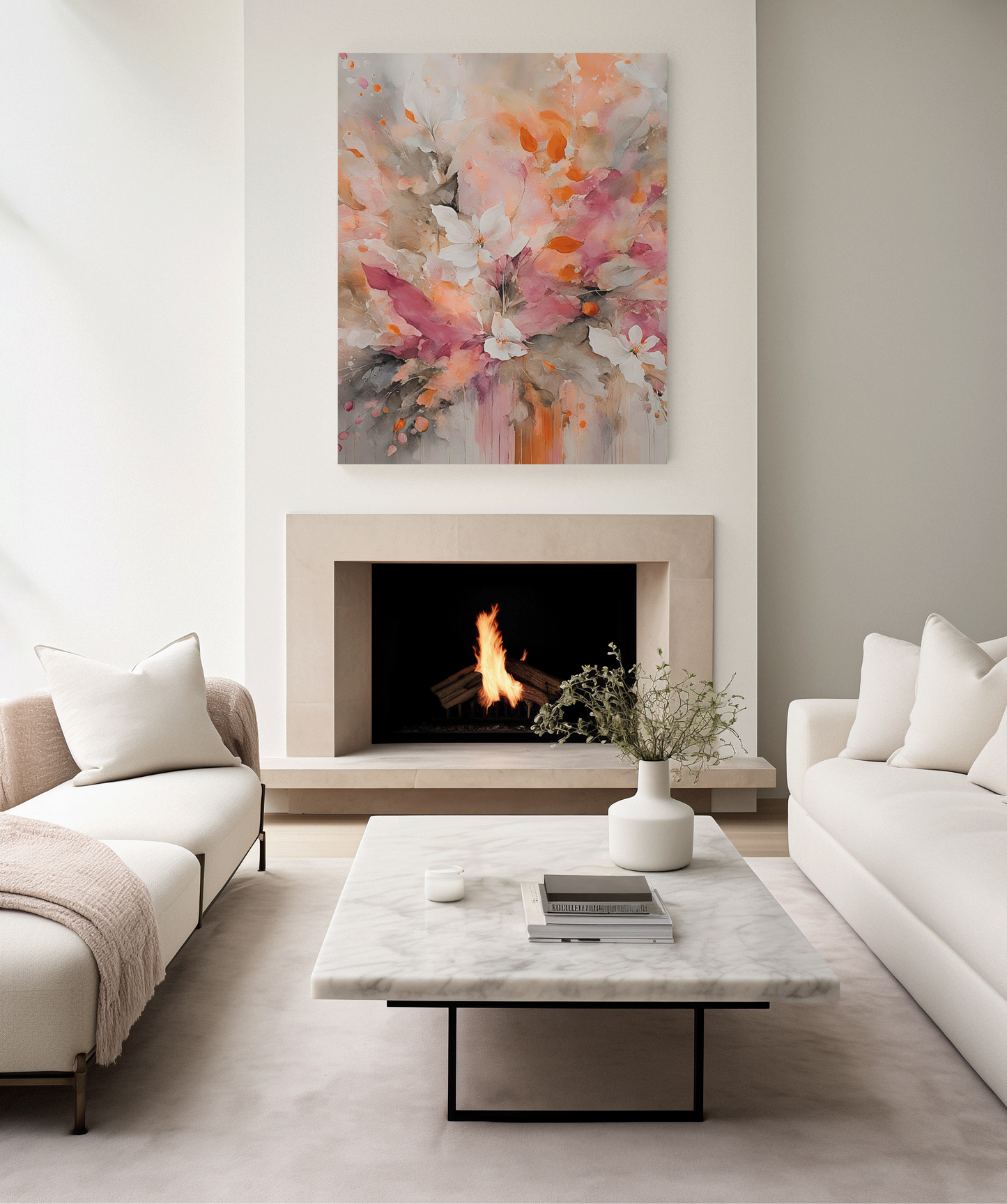 Abstract Art with Flowers, Bright Pink and Orange Abstract Floral Wall Art – Watercolor Flower Canvas Print, Bright pink and orange abstract floral wall art with watercolor flowers on canvas, living room abstract art over fireplace