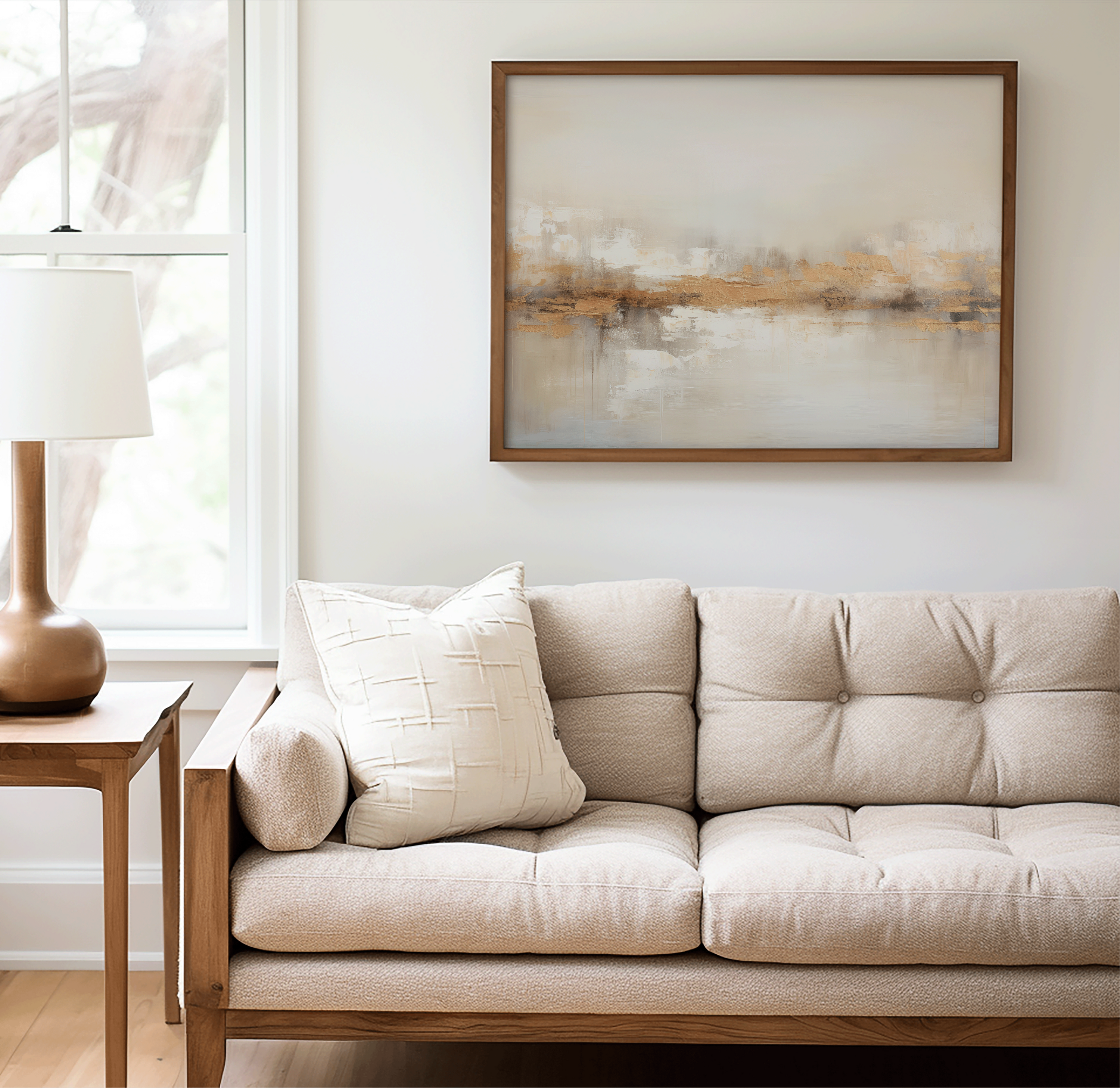 Neutral abstract painting with beige, white, taupe, and metallic gold accents — modern textured canvas wall art perfect for elegant home decor.