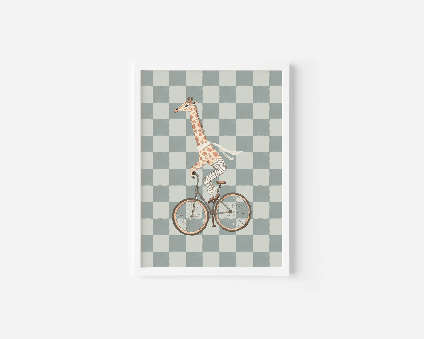 Giraffe Nursery Art | Canvas Art, Art Prints & Framed Canvas, retro boho vintage preppy giraffe sage green checkered plaid background framed canvas wall art, baby boy nursery, kids bedroom, playroom daycare framed wall art prints