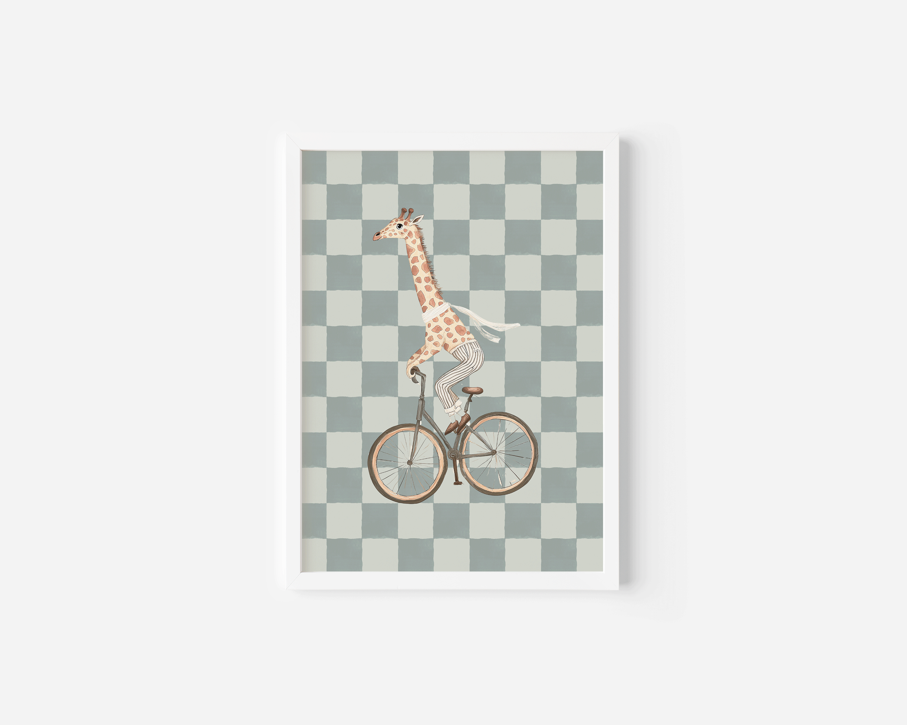 Giraffe Nursery Art | Canvas Art, Art Prints & Framed Canvas, retro boho vintage preppy giraffe sage green checkered plaid background framed canvas wall art, baby boy nursery, kids bedroom, playroom daycare framed wall art prints