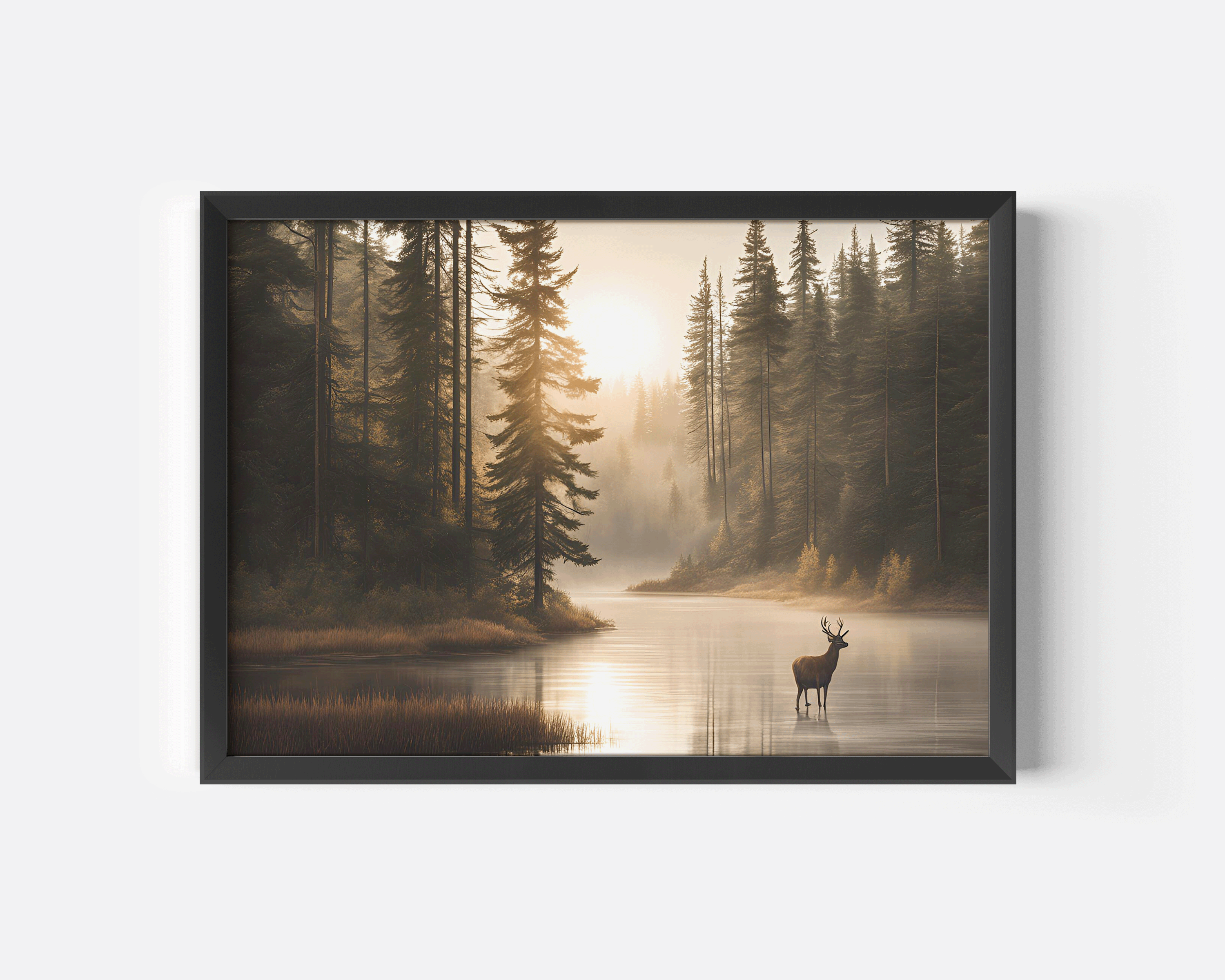 Serene framed canvas wall art print of a deer standing in a misty lake surrounded by tall pine trees at sunrise – peaceful forest nature decor. living room wall art