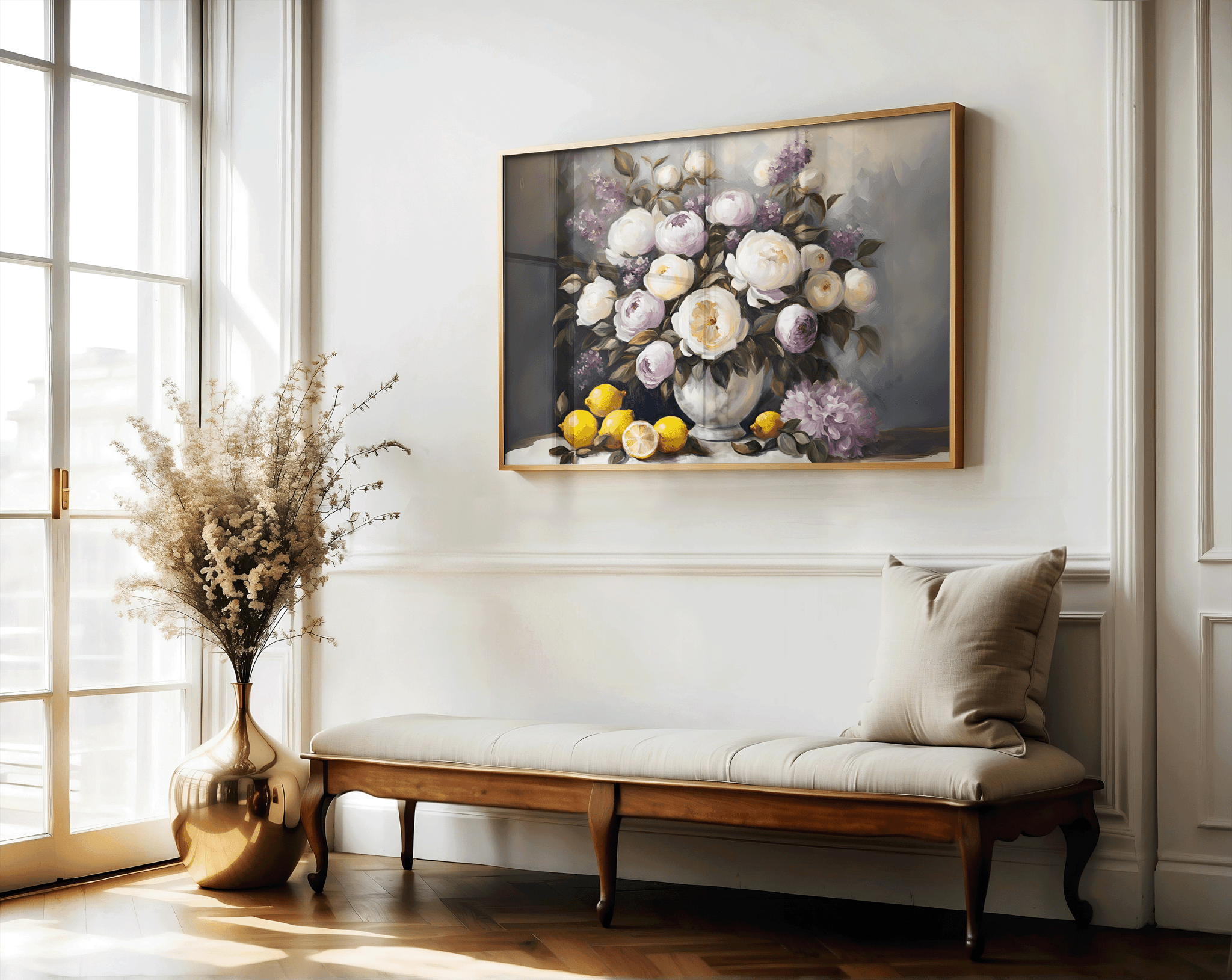An impressionist style of oil painting with white and purple peonies in a vase with yellow lemons. Peony floral wall art with displaYed in bright hallway above bench, large window and plant decor