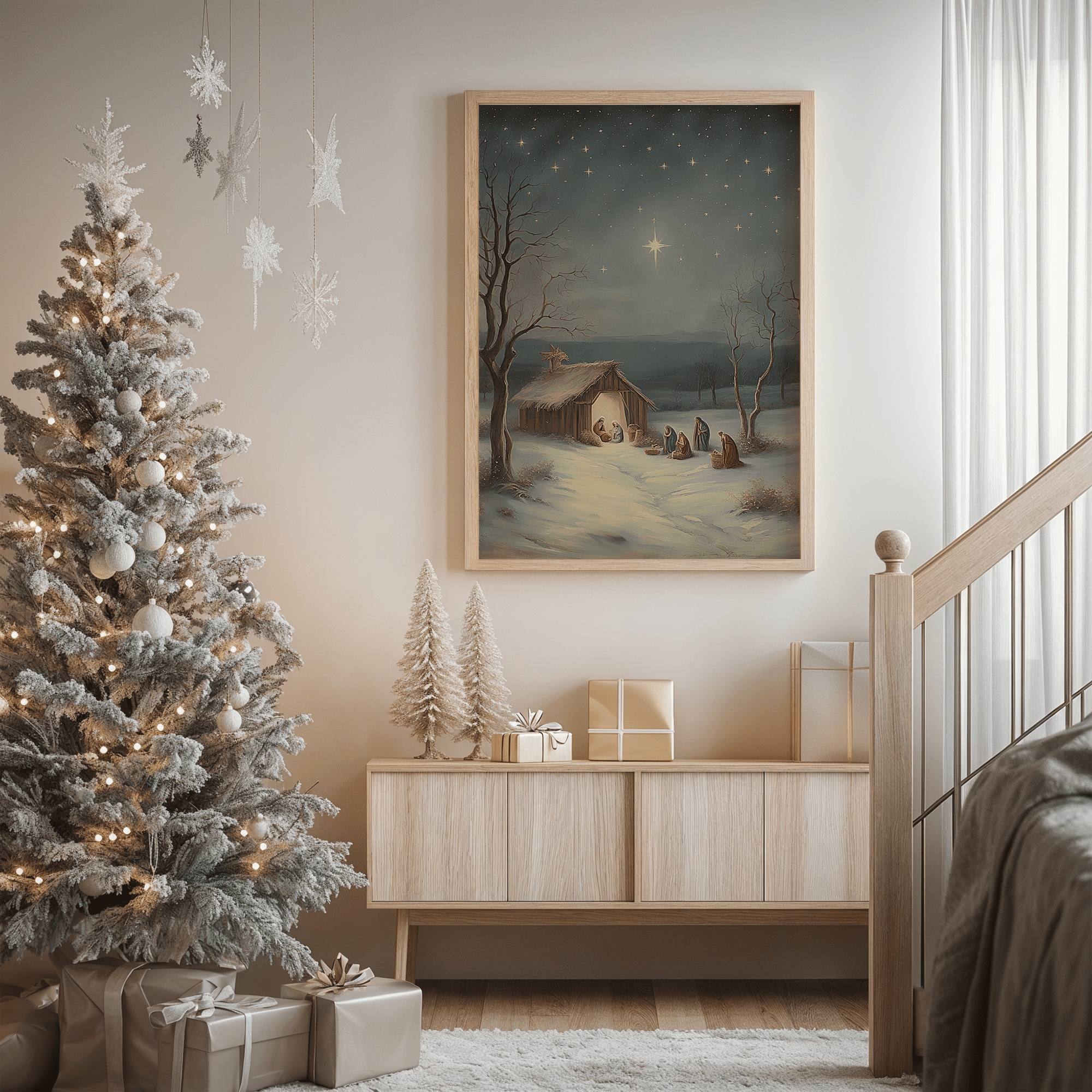 Framed religious nativity wall art of Mary, Joseph, and baby Jesus under a bright star, displayed beside a Christmas tree with soft neutral holiday decor in a minimal living room.
