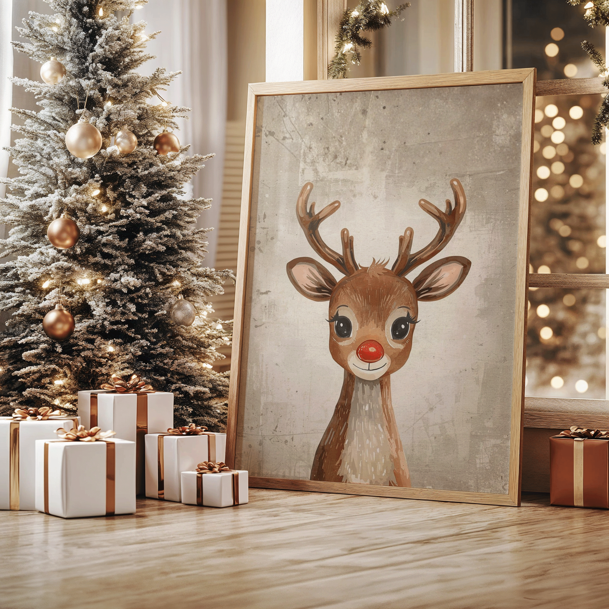 Framed Rudolph reindeer vintage Christmas wall art leaning against a wall beside a decorated gold and silver Christmas tree with wrapped gifts, styled in warm neutral tones for cozy holiday home décor inspiration.