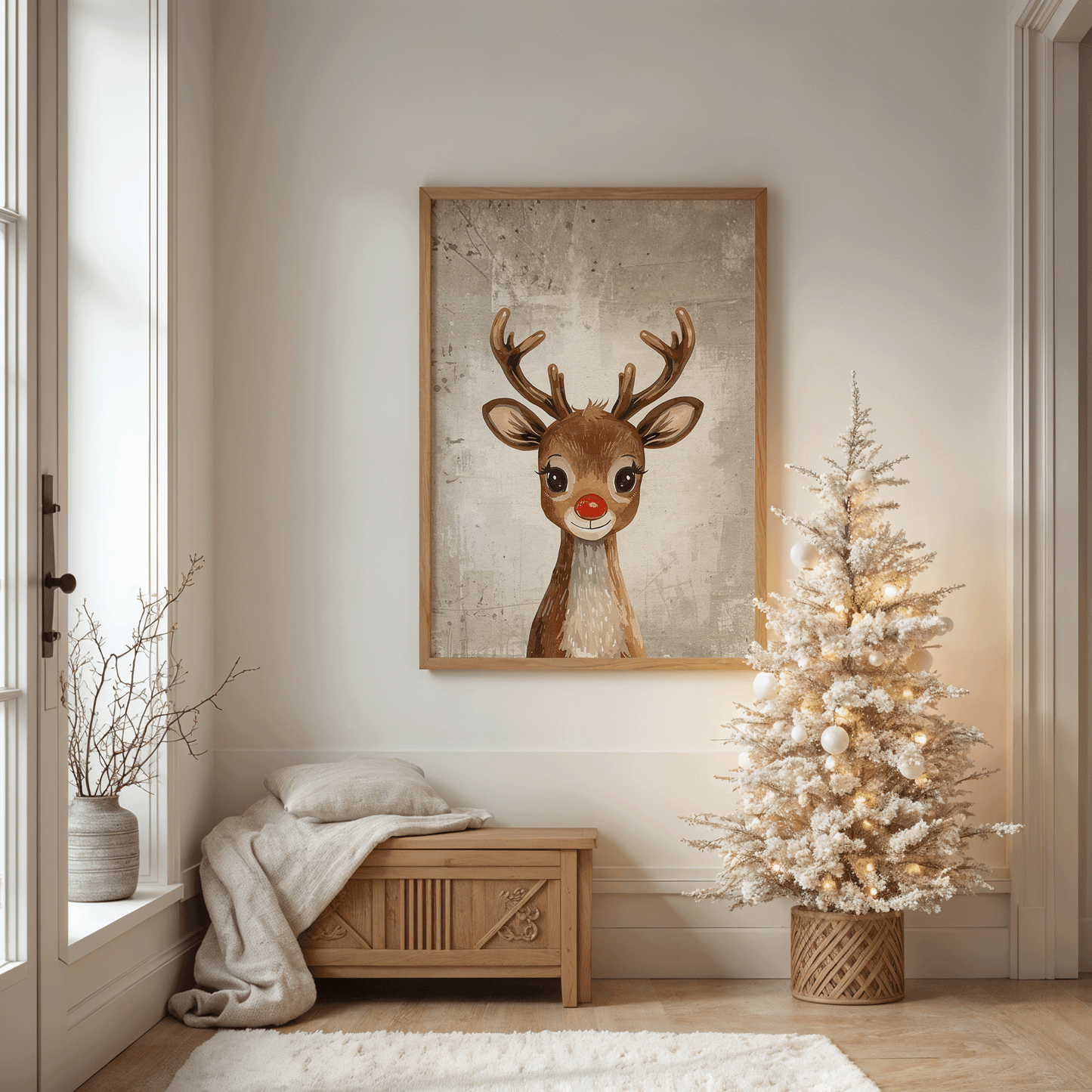 Rudolph the red nose Reindeer vintage Christmas wall art print displayed in a cozy neutral living room with a gold Christmas tree and wooden bench, styled for holiday home décor.