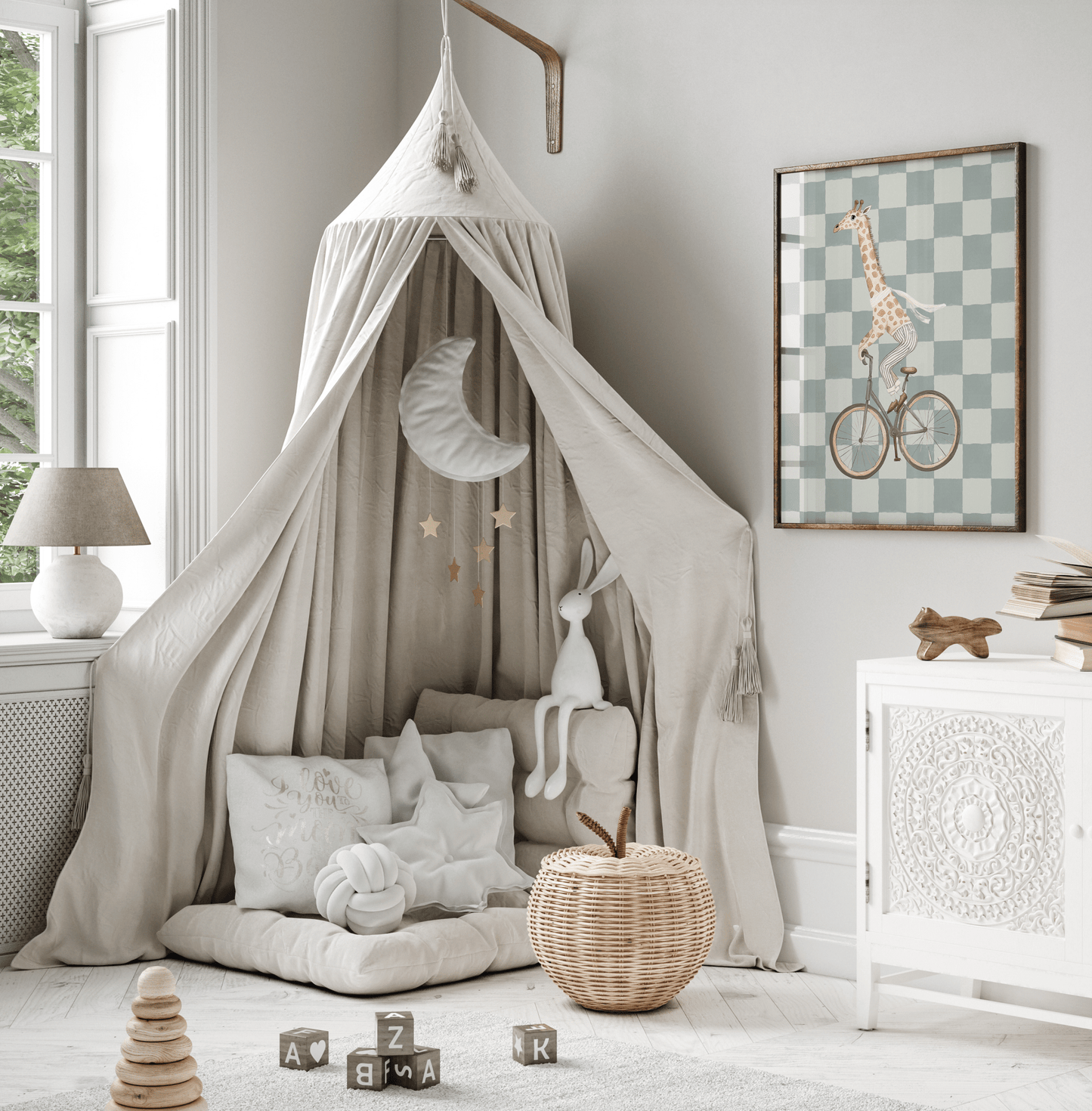 Sage green, cream giraffe nursery wall art framed print in neutral playroom with canopy, perfect animal artwork for kids room