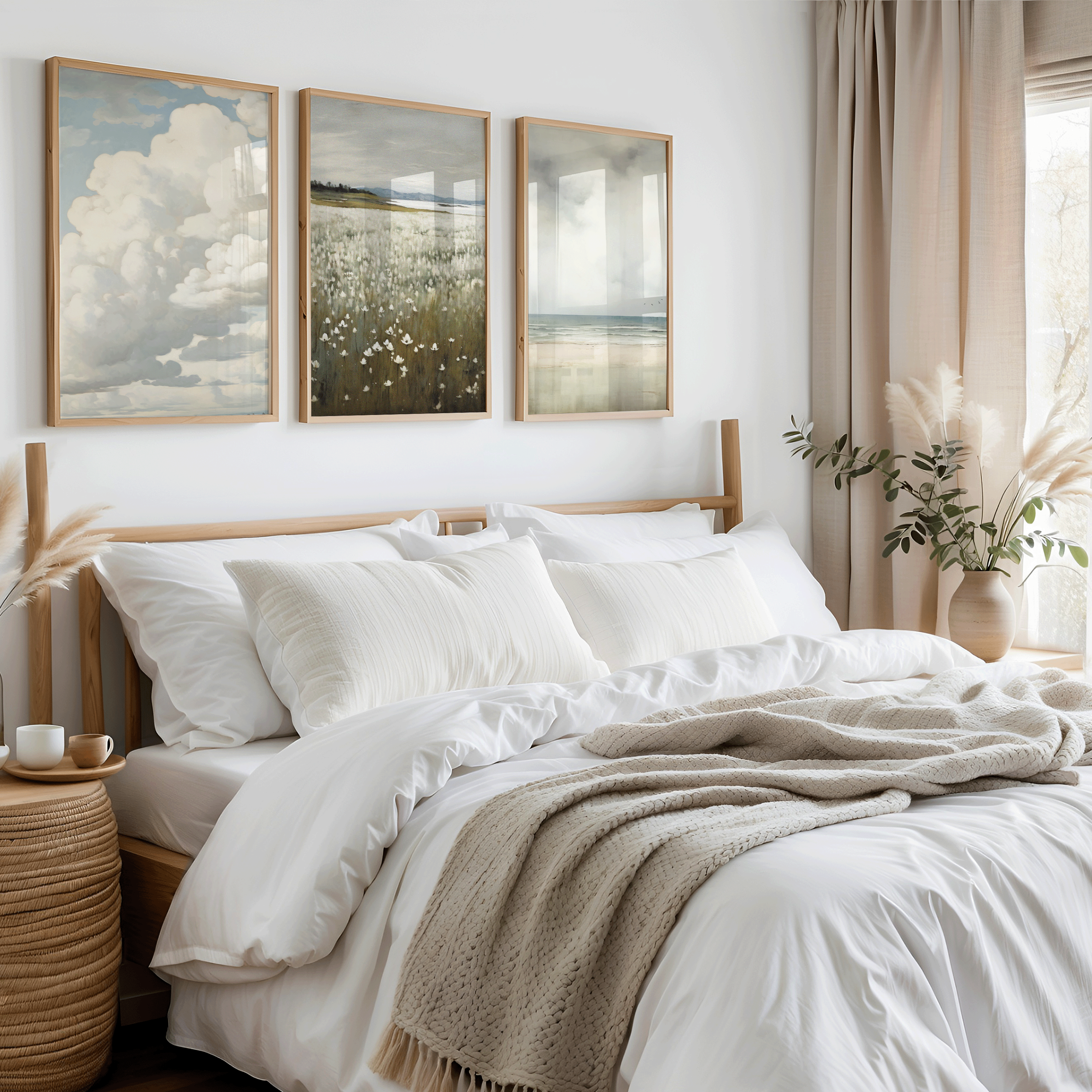 Coastal canvas print of a serene beach and pale sky, white wildflower nature field, vintage clouds, ideal for bedroom decor