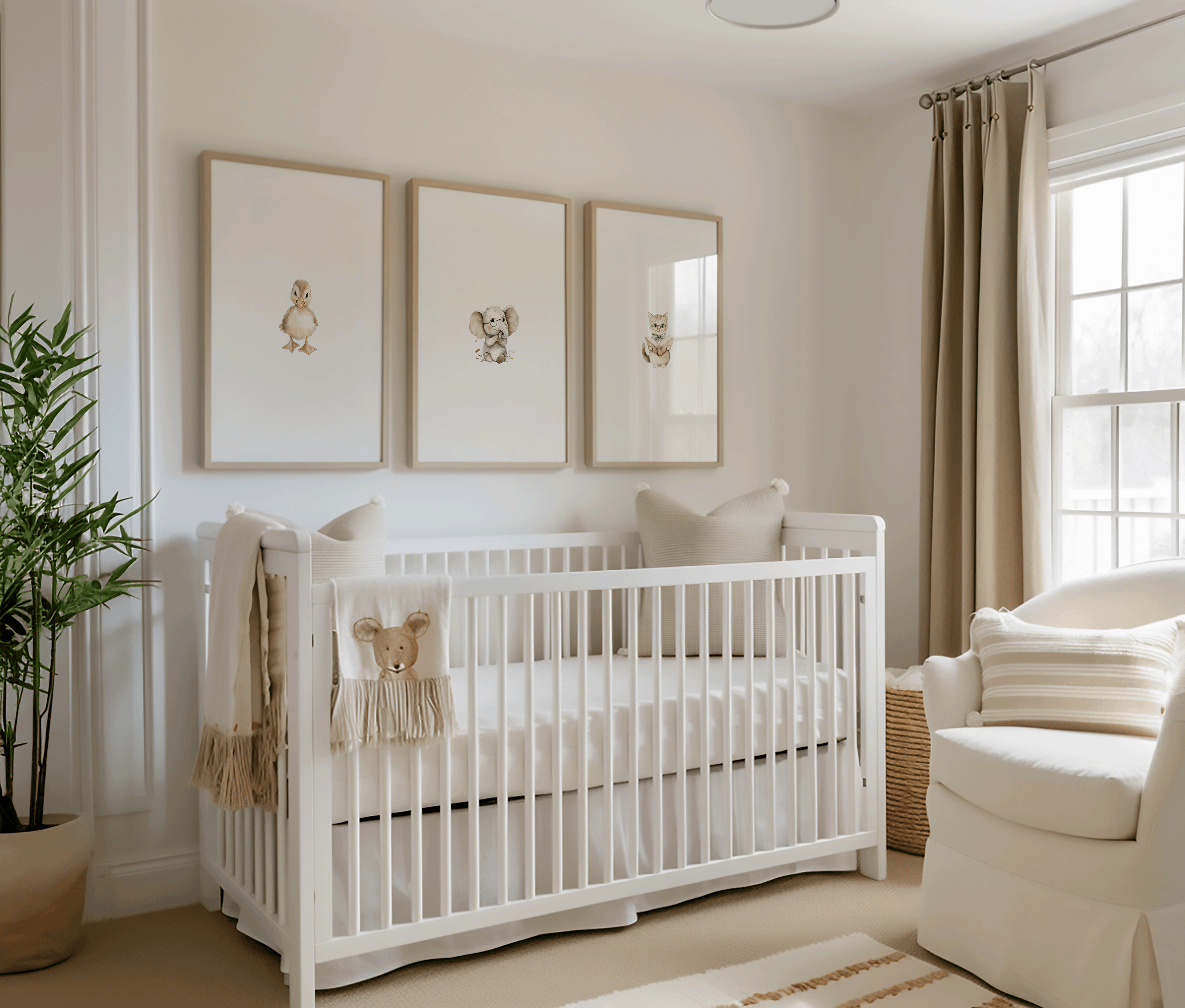 Neutral nursery with a set of 3 baby animal art prints in modern wooden frames for a woodland nursery, baby duck, baby elephant and baby cat wall art