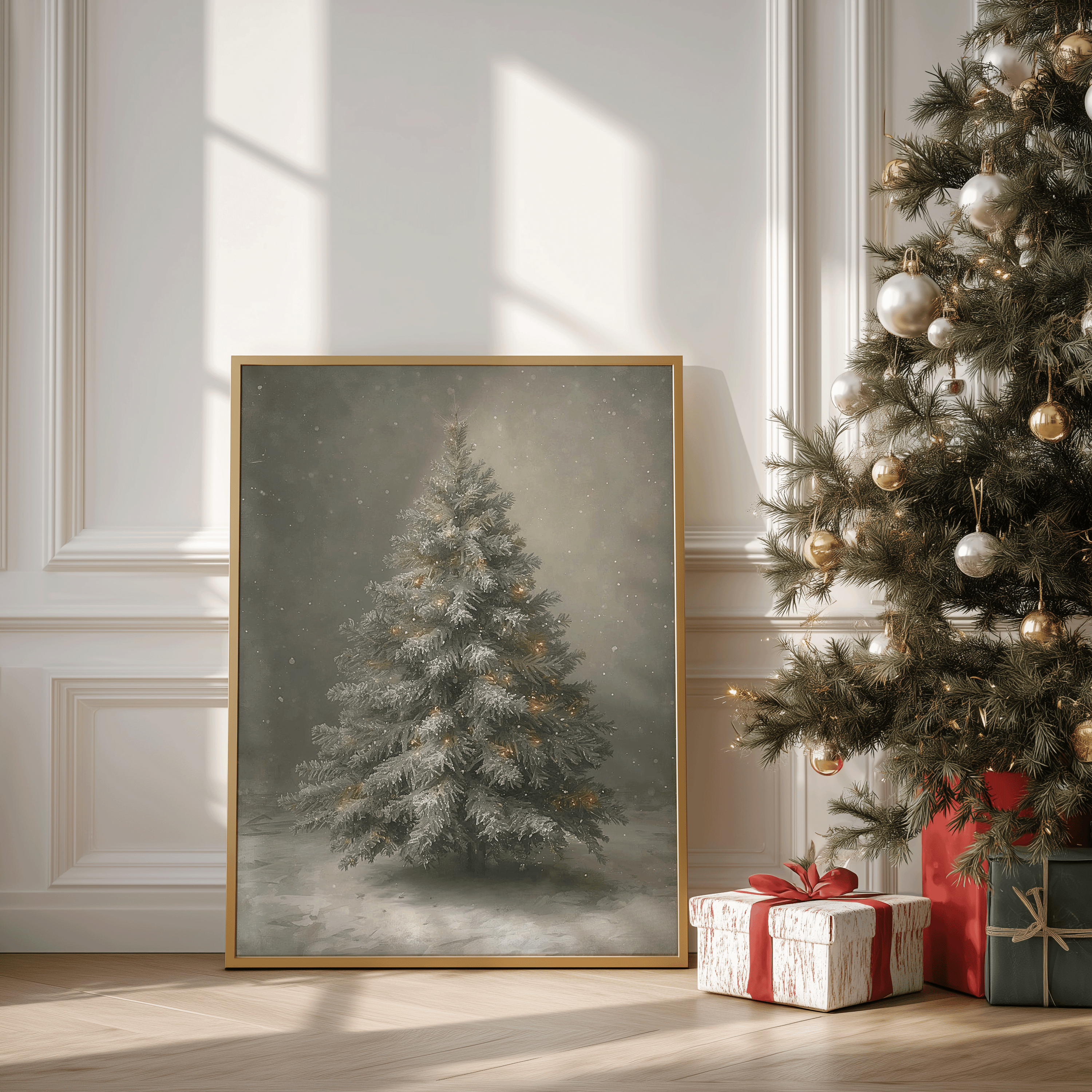 Snowy Christmas tree painting in a golden frame, leaning against the wall beside a decorated Christmas tree for cozy farmhouse holiday charm.