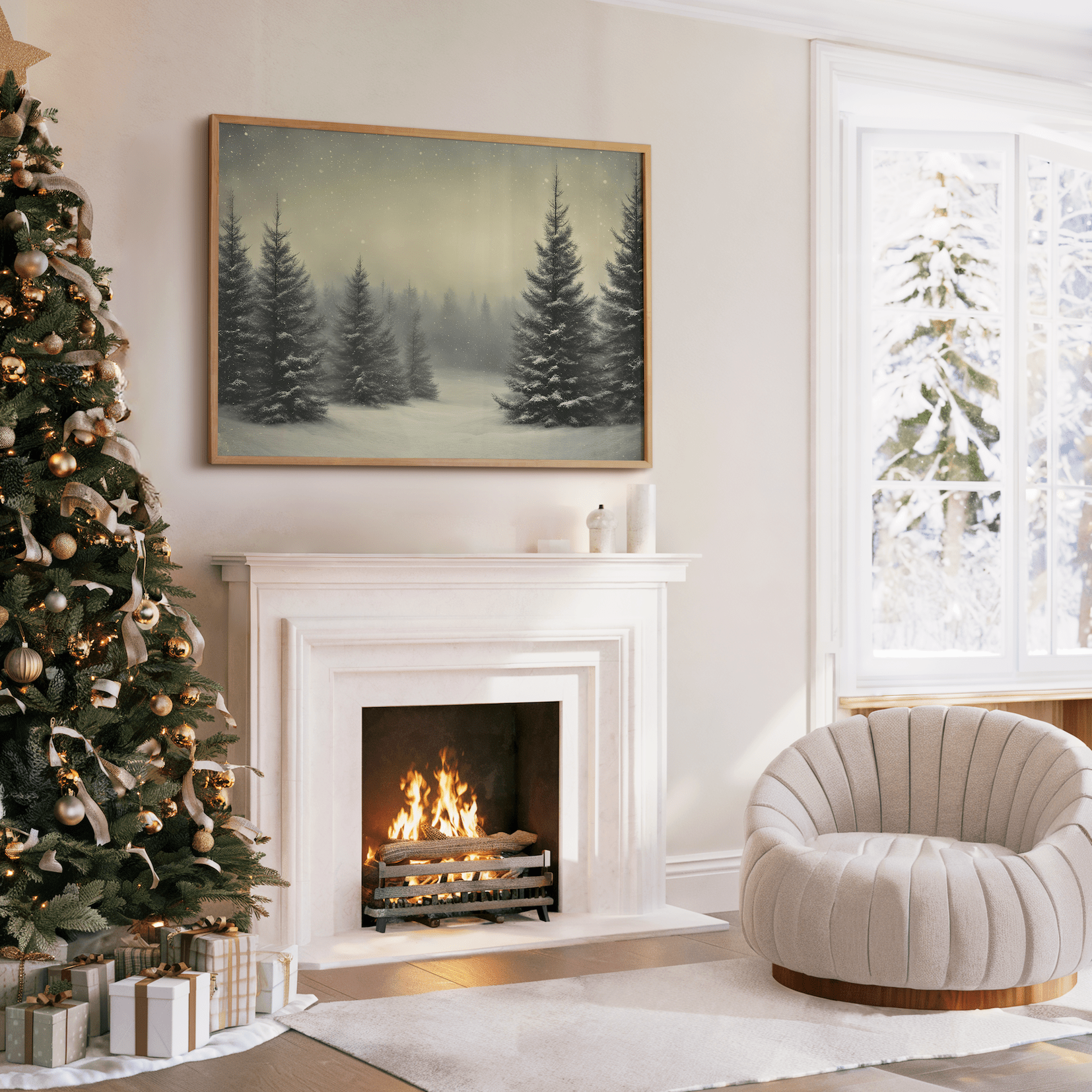 Snowy pine tree forest nature landscape canvas wall art print with wooden frame hung above a white fireplace in a minimal living room near a decorated Christmas tree and wrapped gifts