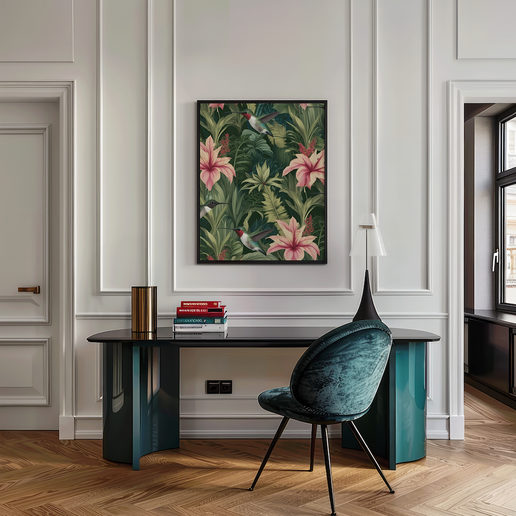 Tropical hummingbird wall art with jungle florals styled in a contemporary home office.