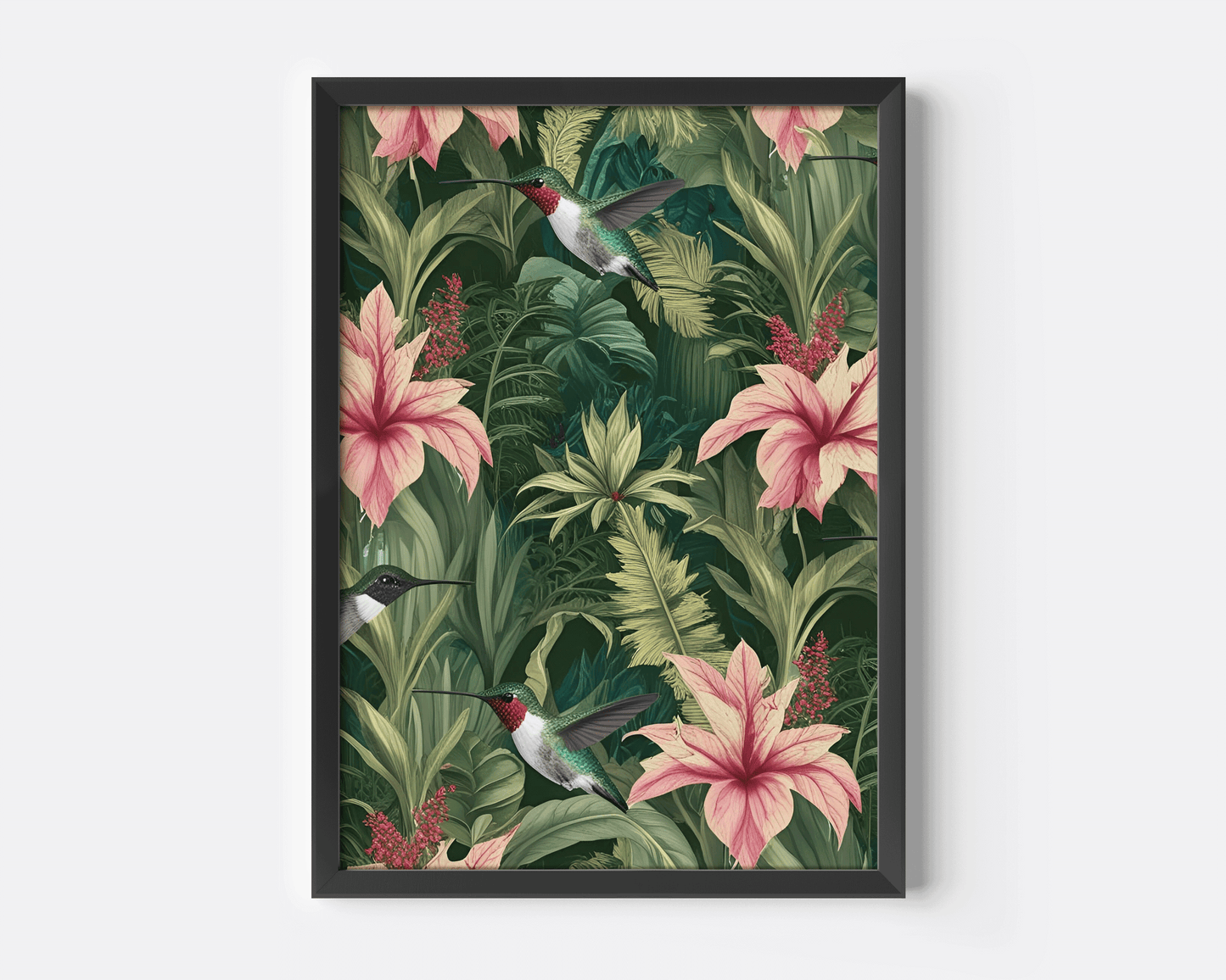 Tropical hummingbird botanical wall art with lush jungle florals in a modern black frame. Inspired by the White Lotus Series on HBO.