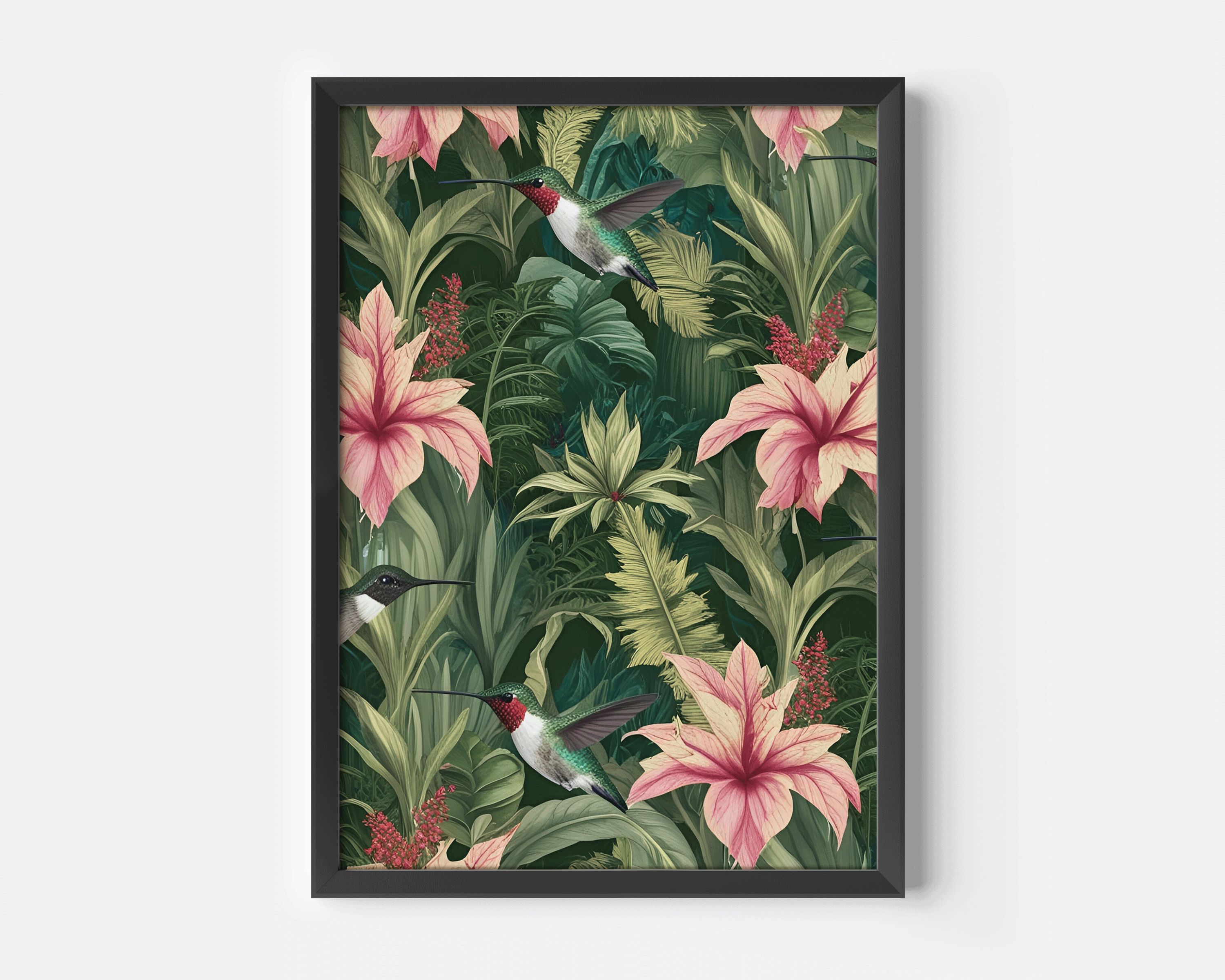 Tropical hummingbird botanical wall art with lush jungle florals in a modern black frame. Inspired by the White Lotus Series on HBO.