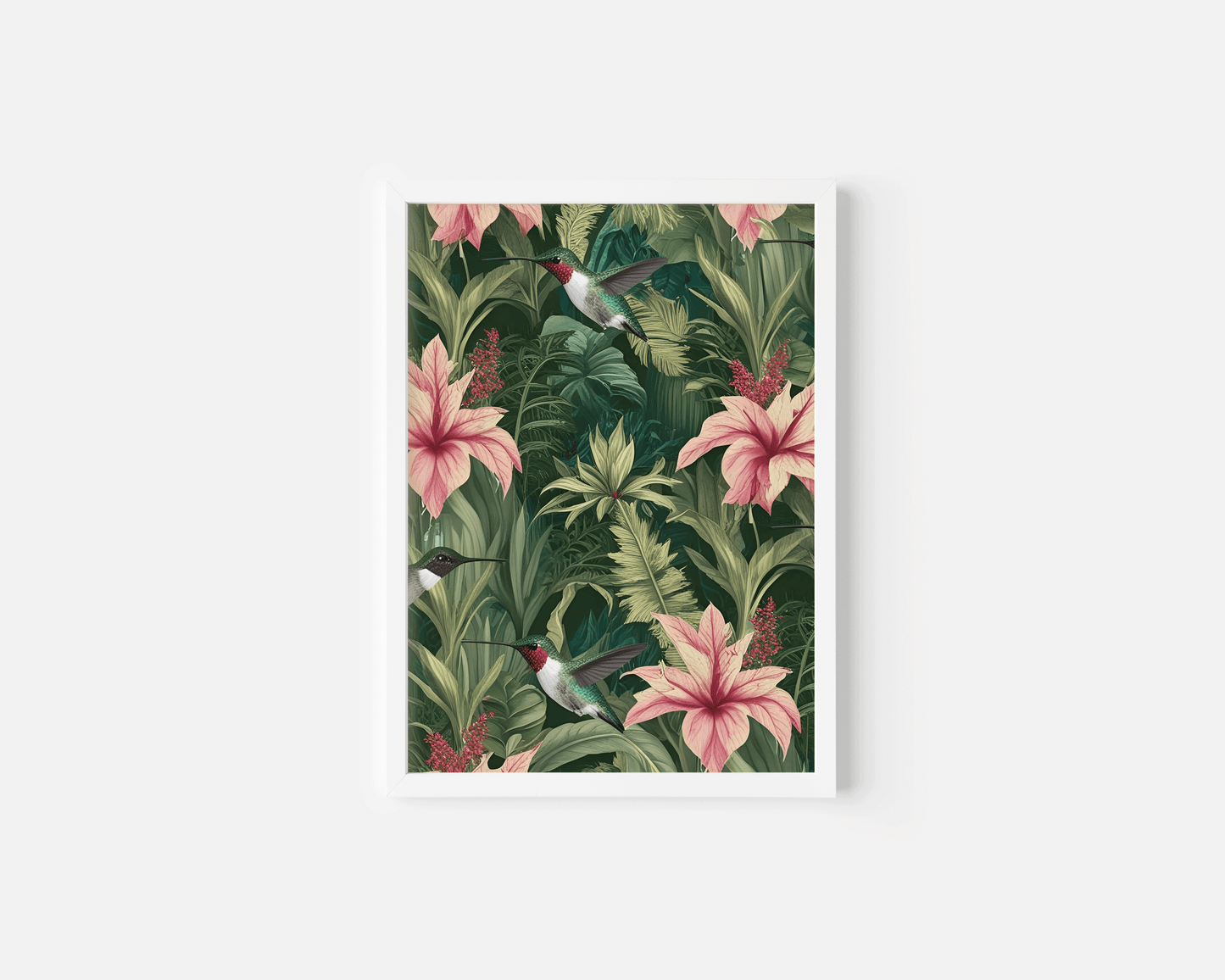 Tropical hummingbird and floral wall art print featuring lush green leaves and pink flowers, shown as a modern canvas with white frame for living rooms, bedrooms, or office spaces.