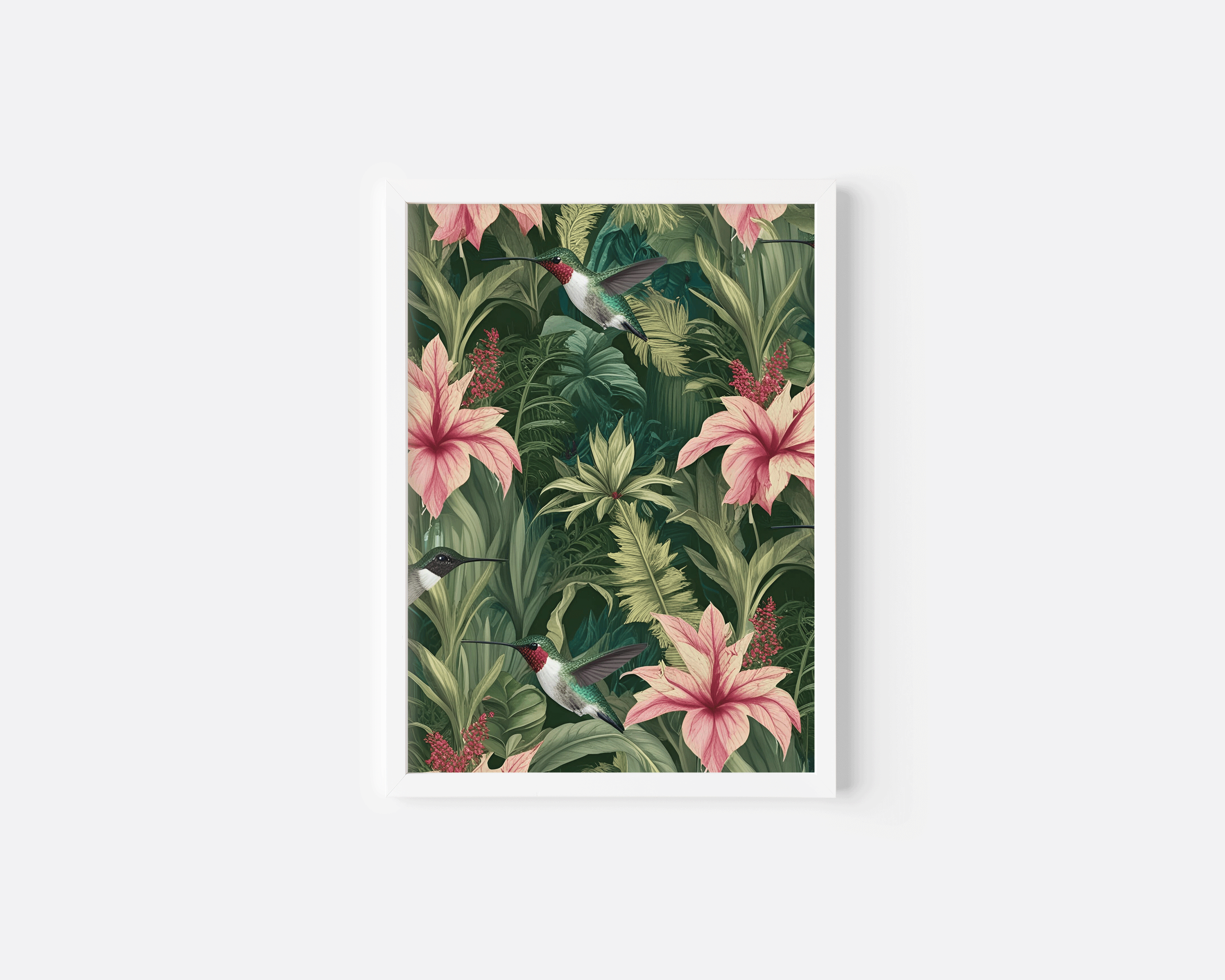 Tropical hummingbird and floral wall art print featuring lush green leaves and pink flowers, shown as a modern canvas with white frame for living rooms, bedrooms, or office spaces.