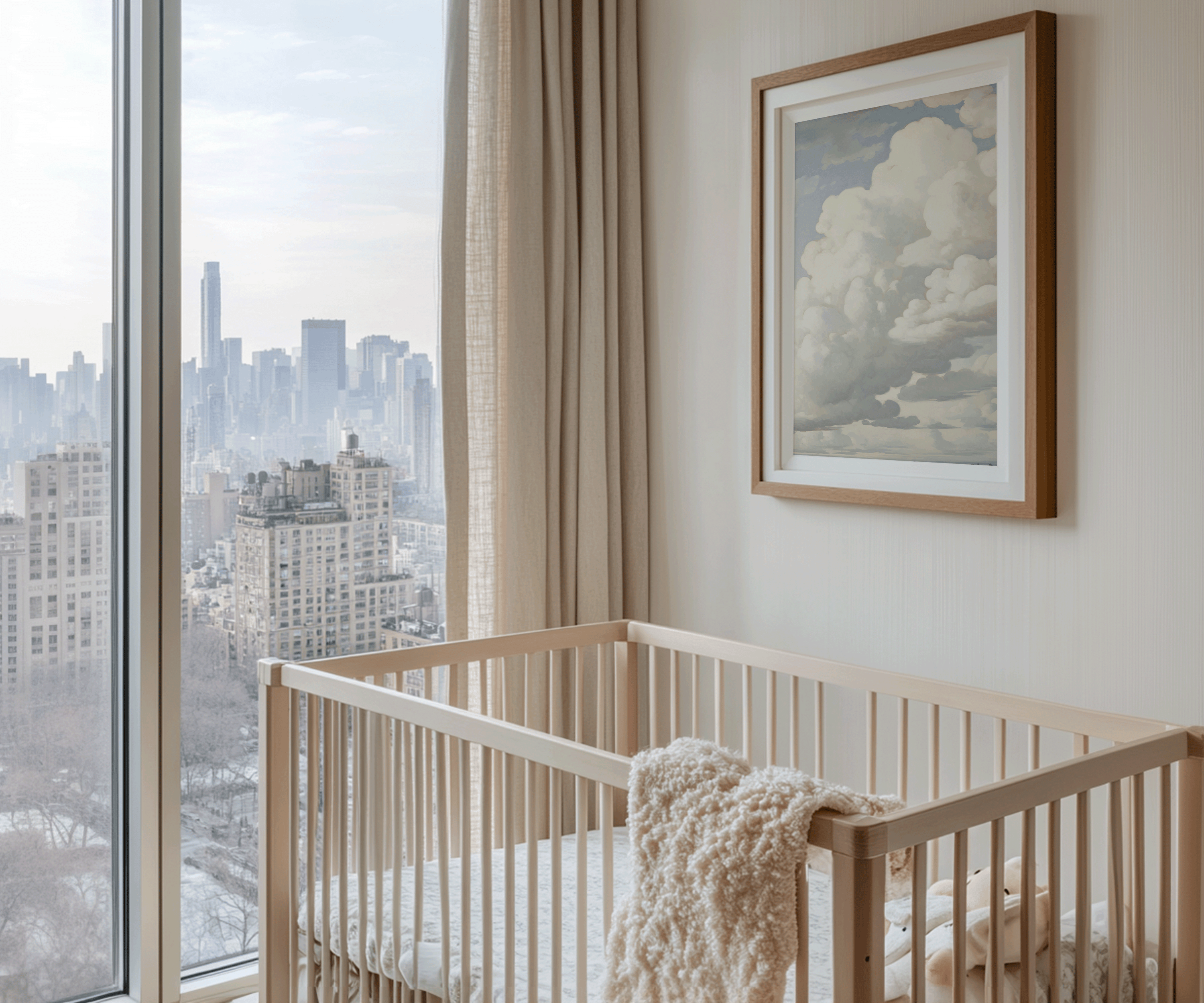 Framed canvas artwork of dreamy clouds in a neutral sky perfect for a simple nursery, boy or girl bedroom