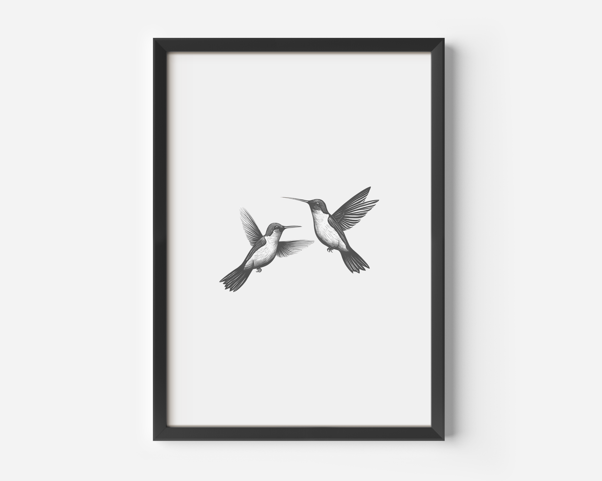 Minimal black-and-white hummingbird drawing in a sleek matte black frame against a clean white background, showcasing a modern minimalist art style perfect for contemporary interior spaces.