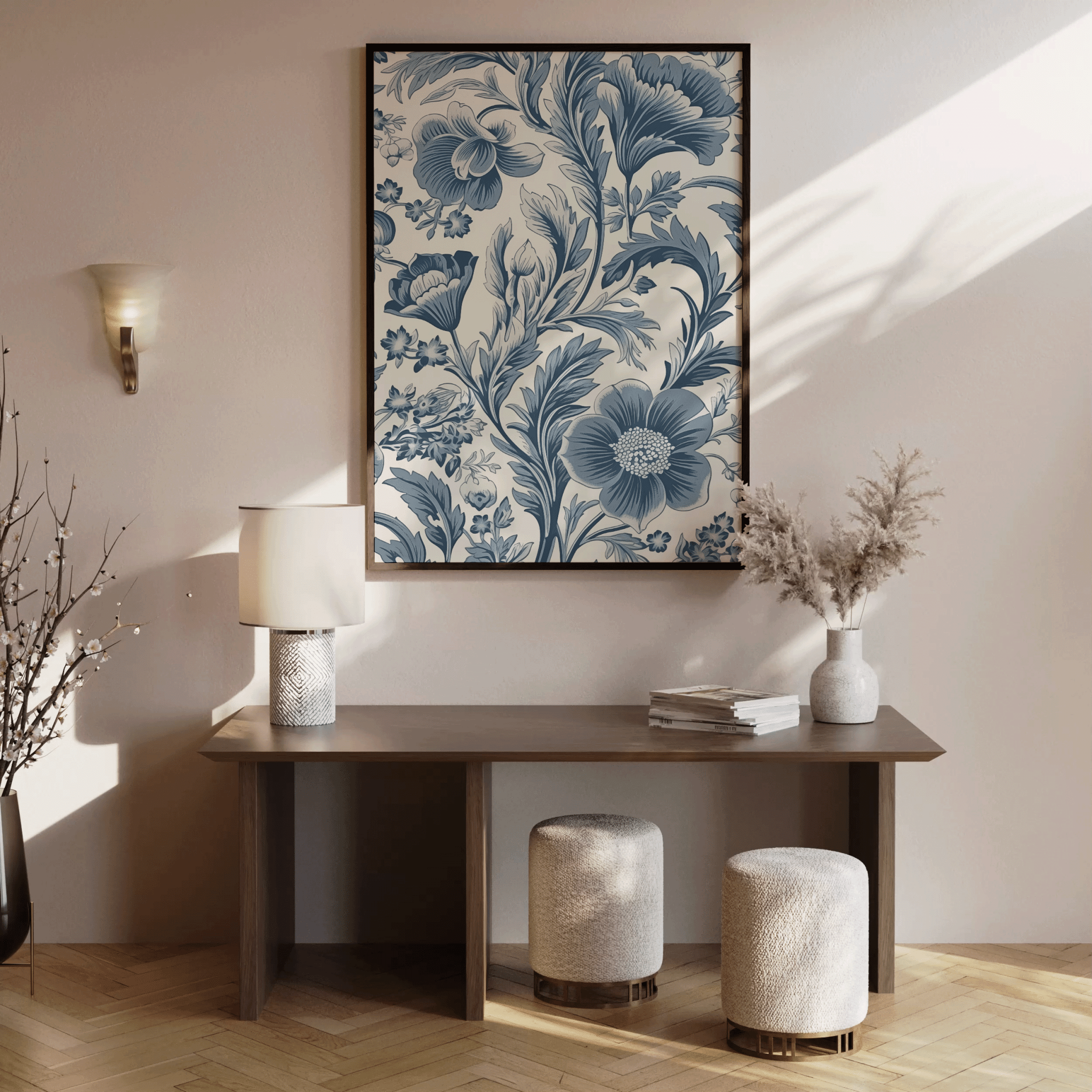 Vintage Blue Floral Wall Art | Botanical Pattern Print for Classic Spaces - Buy Wall Art