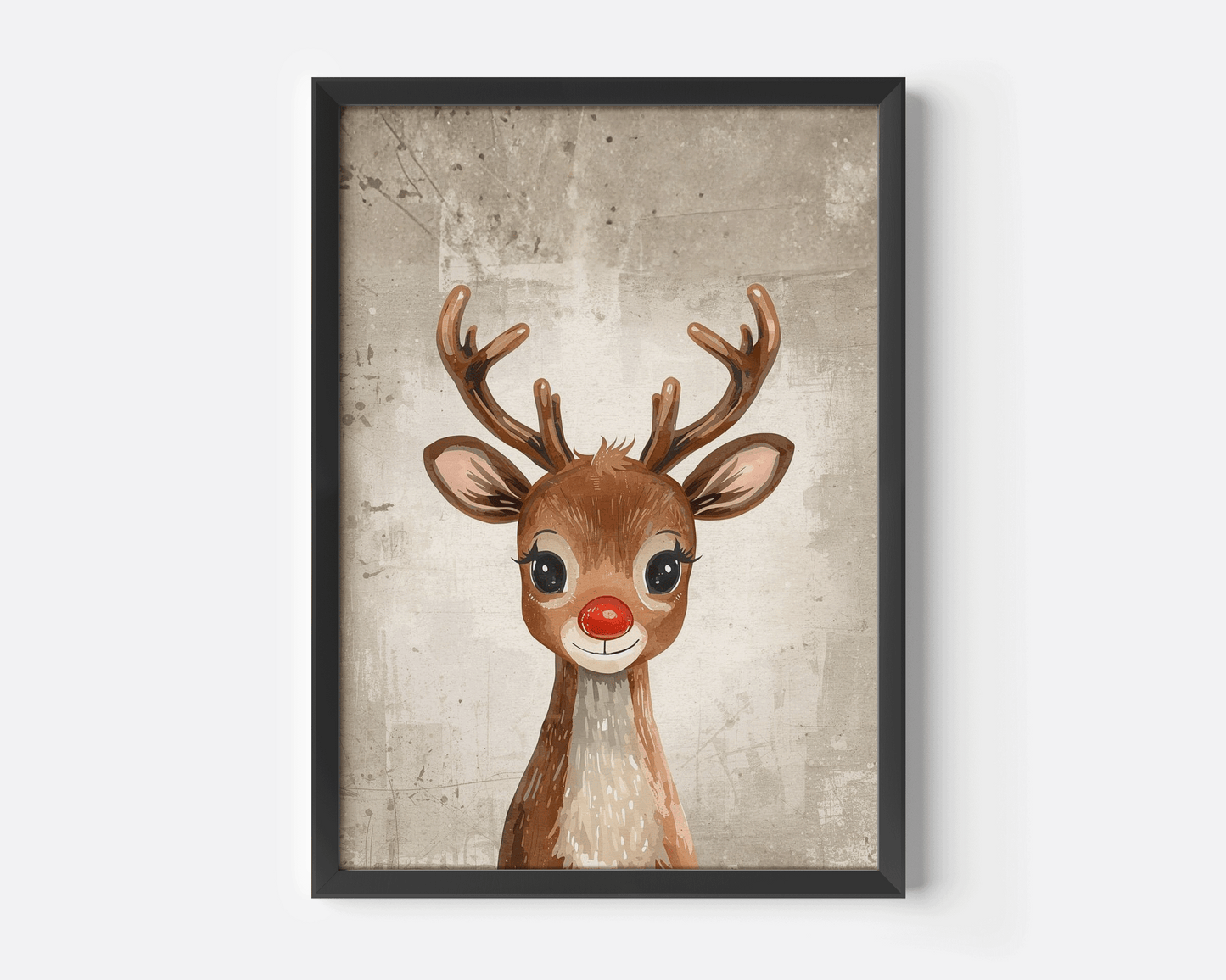 Framed Rudolph reindeer vintage Christmas wall art print with red nose and textured beige background, perfect for cozy neutral holiday home décor or nursery Christmas gifts. Black frame on a white wall.