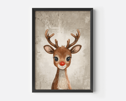 Framed Rudolph reindeer vintage Christmas wall art print with red nose and textured beige background, perfect for cozy neutral holiday home décor or nursery Christmas gifts. Black frame on a white wall.
