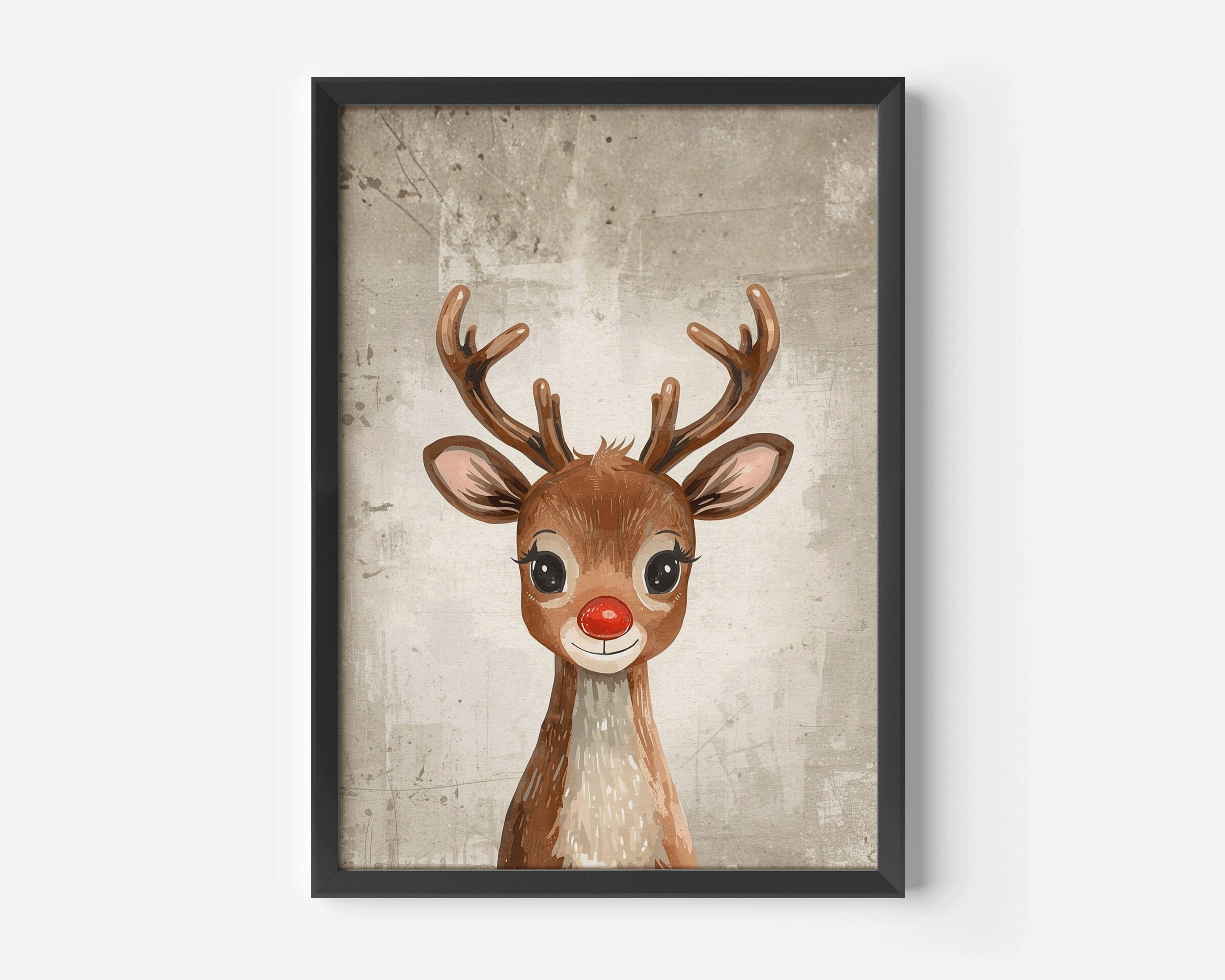 Framed Rudolph reindeer vintage Christmas wall art print with red nose and textured beige background, perfect for cozy neutral holiday home décor or nursery Christmas gifts. Black frame on a white wall.