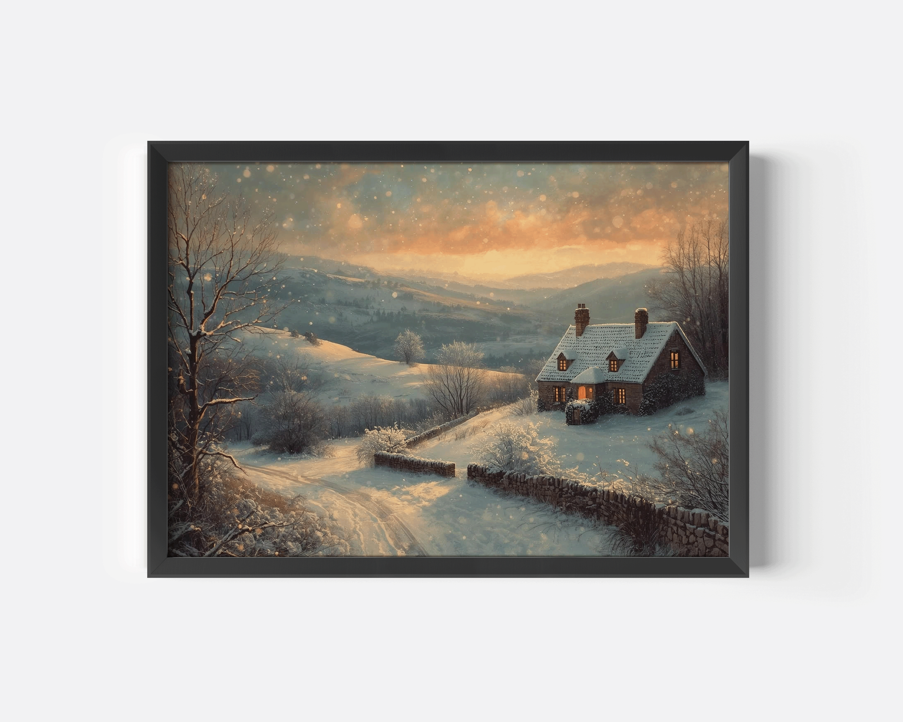 Vintage Christmas winter landscape wall art featuring a snow-covered cottage and softly glowing twilight sky, printed on canvas with a black matte frame in a painterly, nostalgic style.